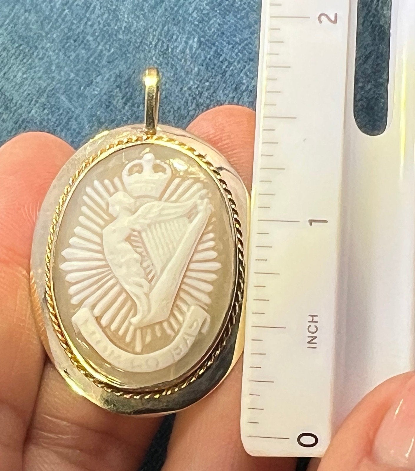10k Gold Cameo Hibernia Winged Harp Woman of Ireland Pendant. "Faithful Until Death"