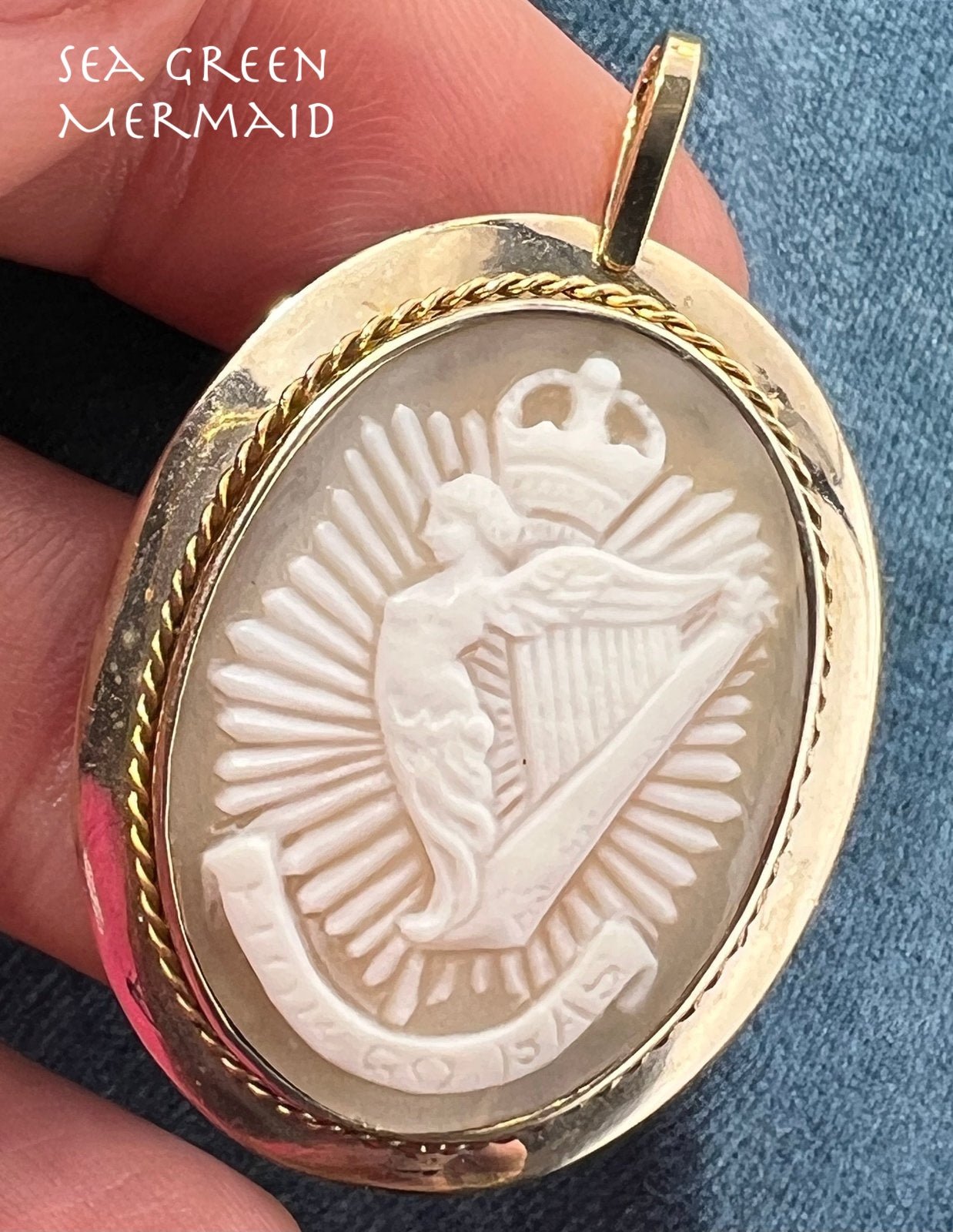10k Gold Cameo Winged Harp Woman of Ireland Pendant. "Faithful Until Death"