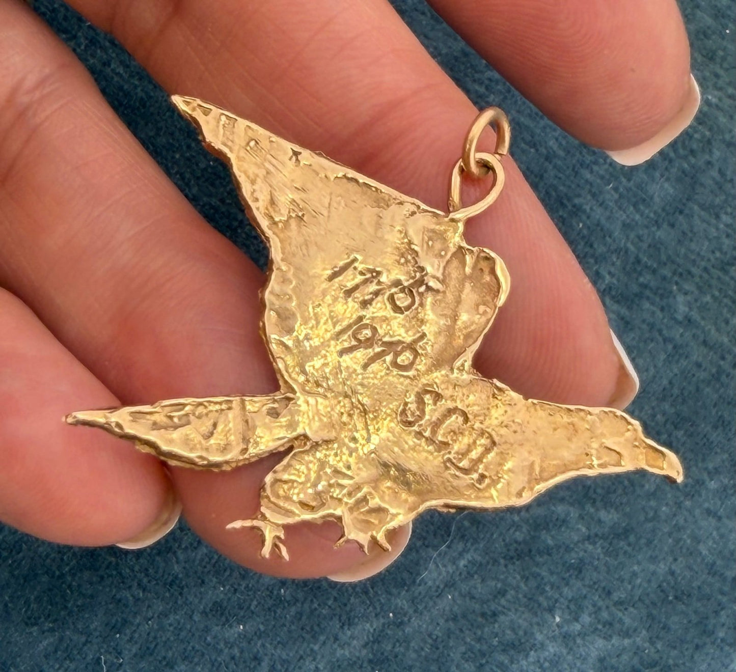 10k Gold Carved American Hawk Falcon Eagle Pendant. 1.75" Wide