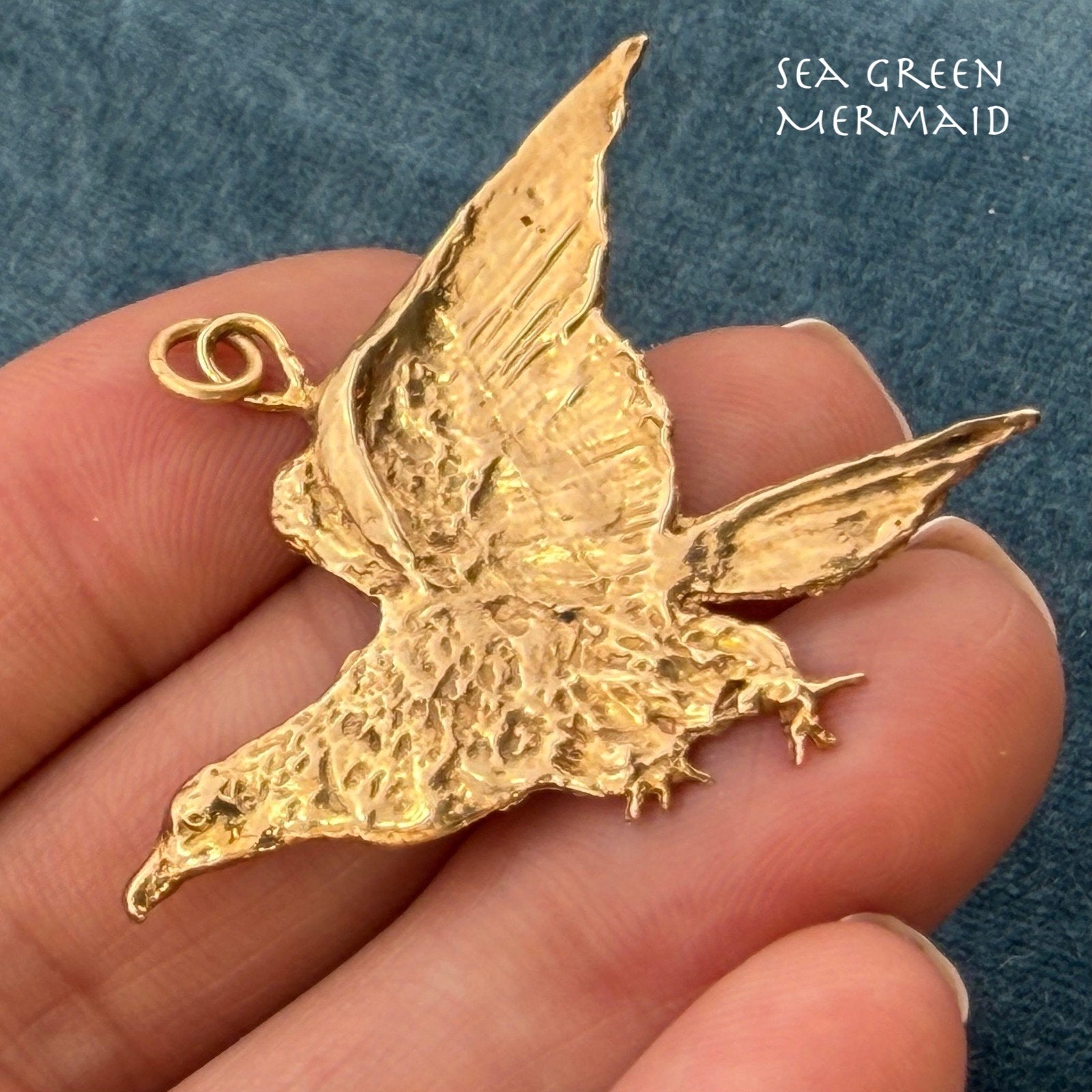10k Gold Carved American Hawk Falcon Eagle Pendant. 1.75" Wide