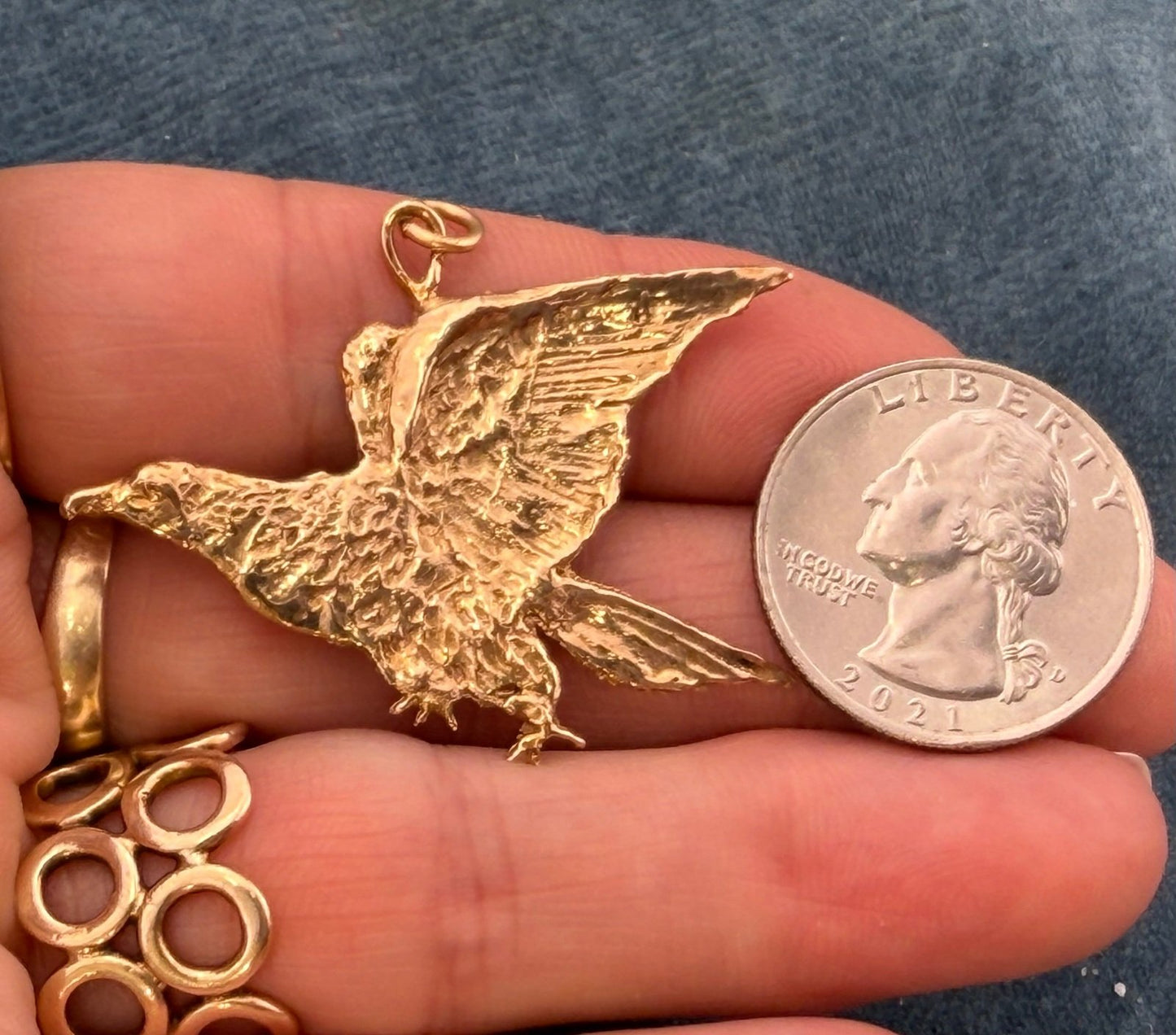 10k Gold Carved American Hawk Falcon Eagle Pendant. 1.75" Wide