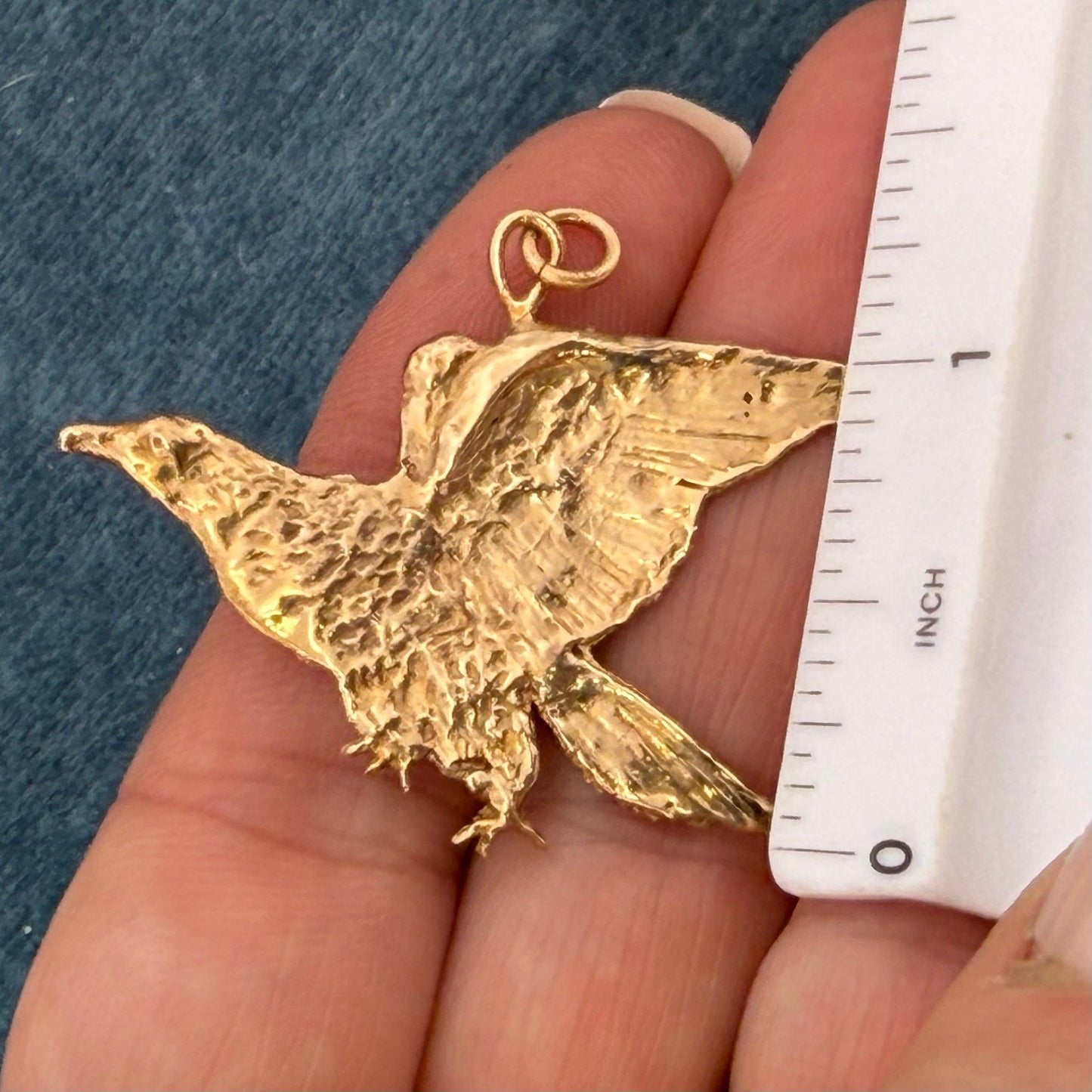 10k Gold Carved American Hawk Falcon Eagle Pendant. 1.75" Wide