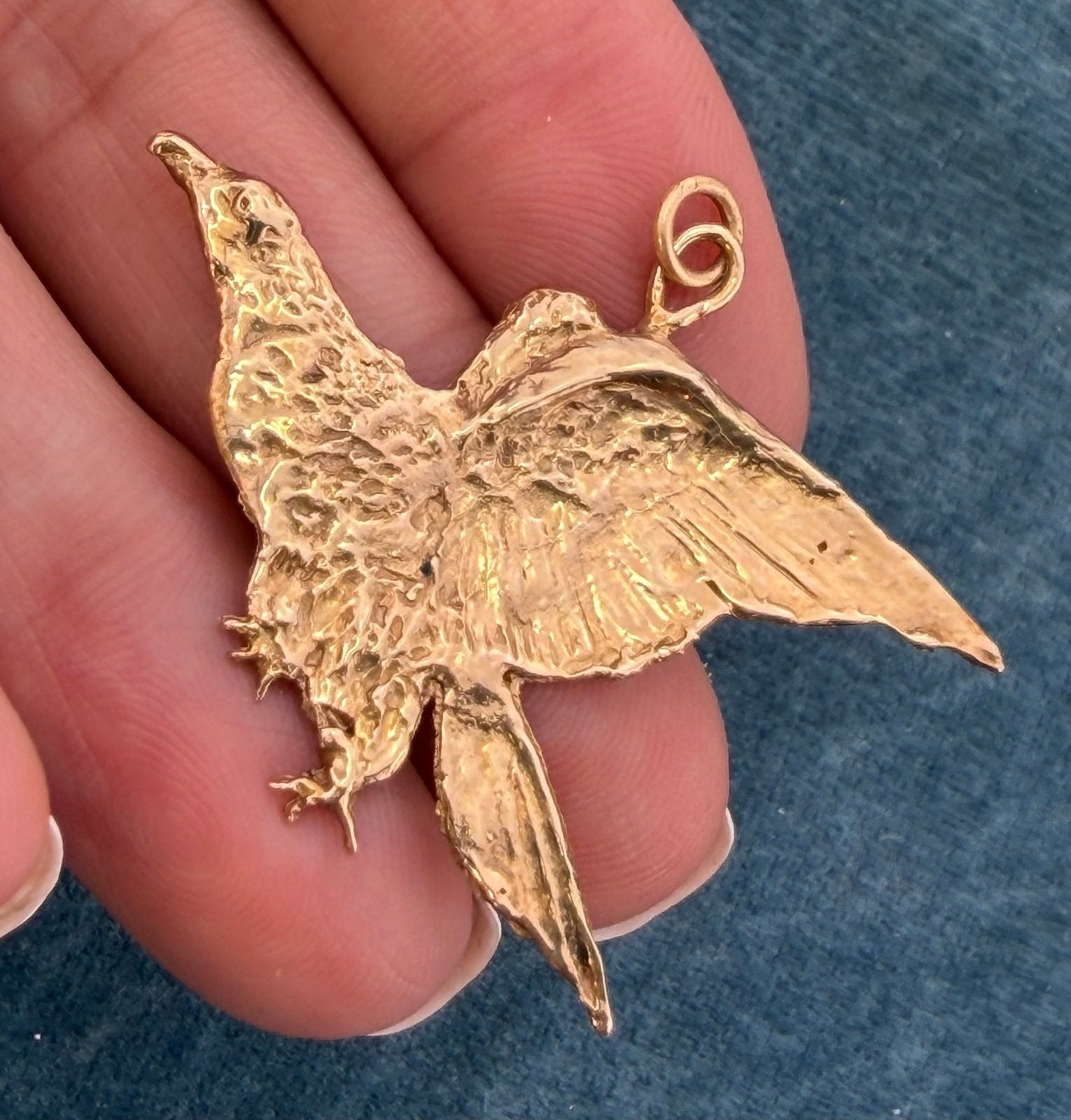 10k Gold Carved American Hawk Falcon Eagle Pendant. 1.75" Wide