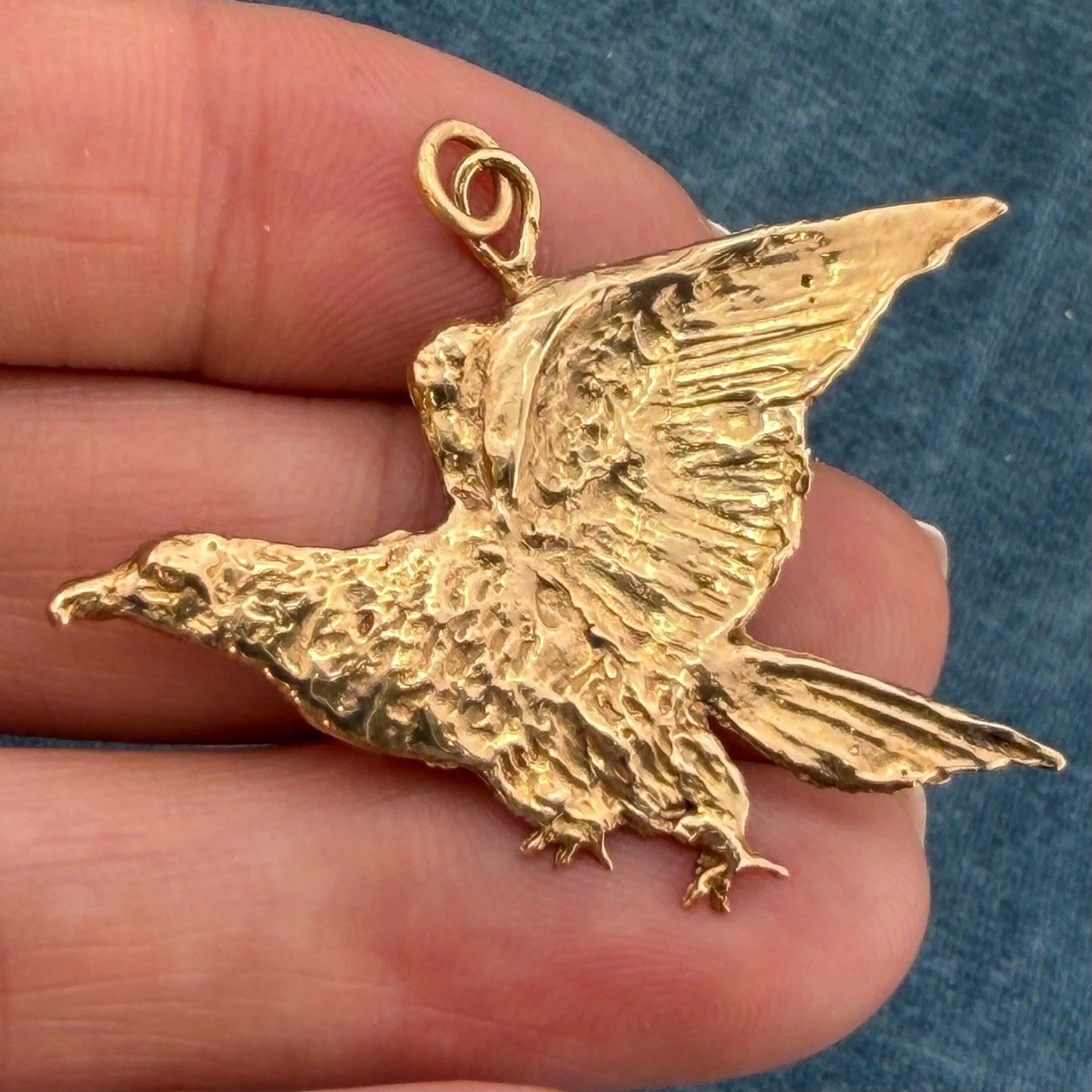 10k Gold Carved American Hawk Falcon Eagle Pendant. 1.75" Wide