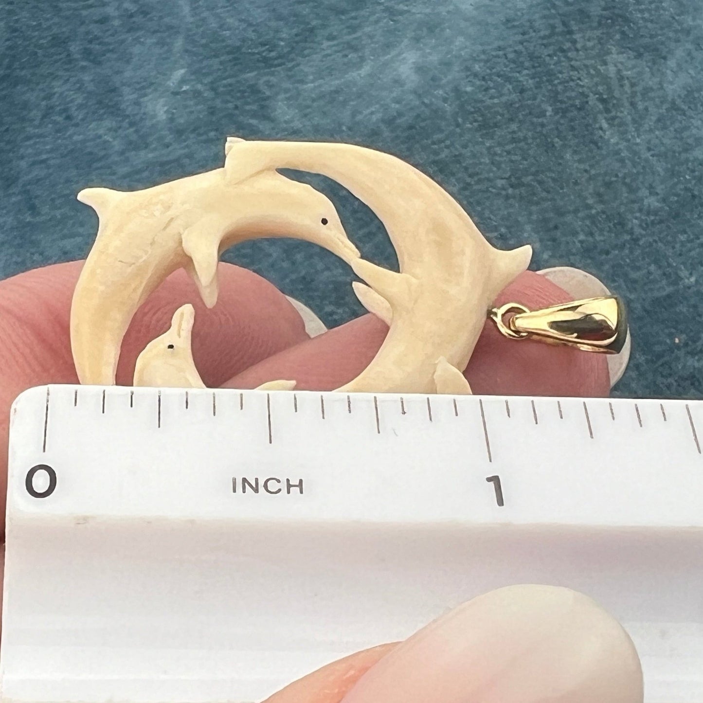 10k Gold Carved Driftwood Dolphin Circle Pendant. 1.3"