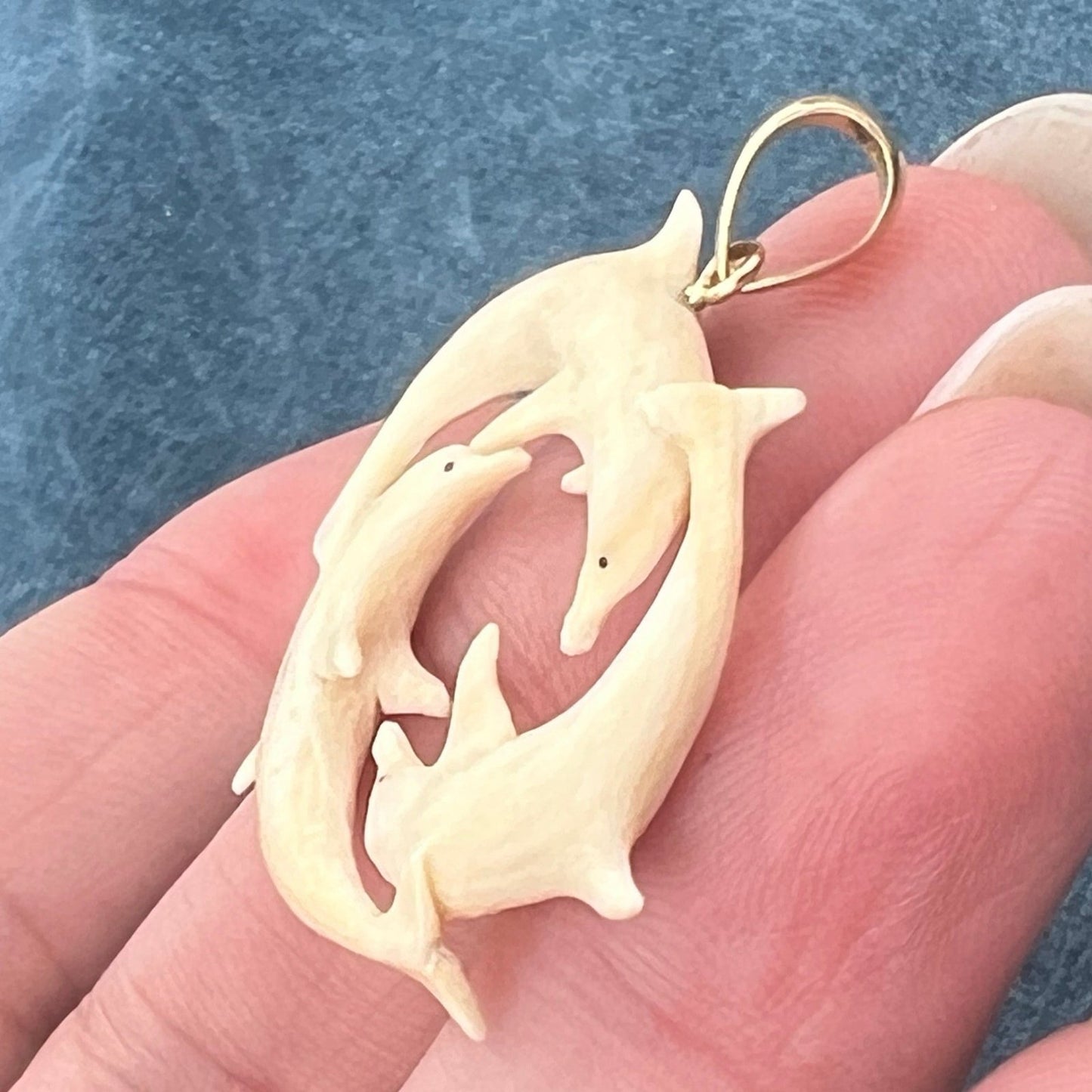 10k Gold Carved Driftwood Dolphin Circle Pendant. 1.3"