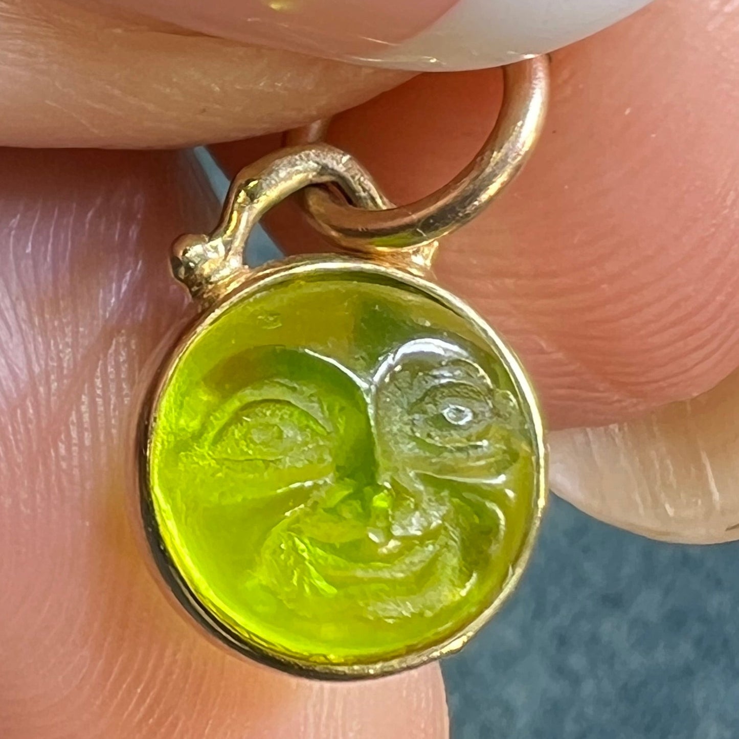 10k Gold Carved Lime Green "Man in Moon" Face Pendant. 2-Sided *Video*
