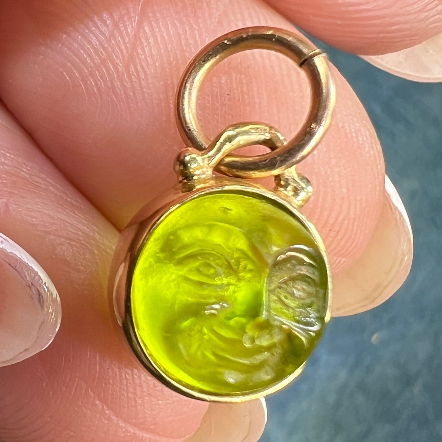 10k Gold Carved Lime Green "Man in Moon" Face Pendant. 2-Sided *Video*