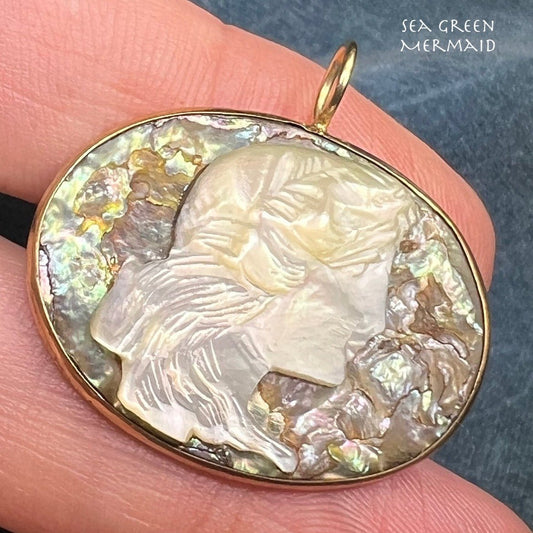 10k Gold Carved Paua Shell Antique Cameo Pendant. 1" *Video*