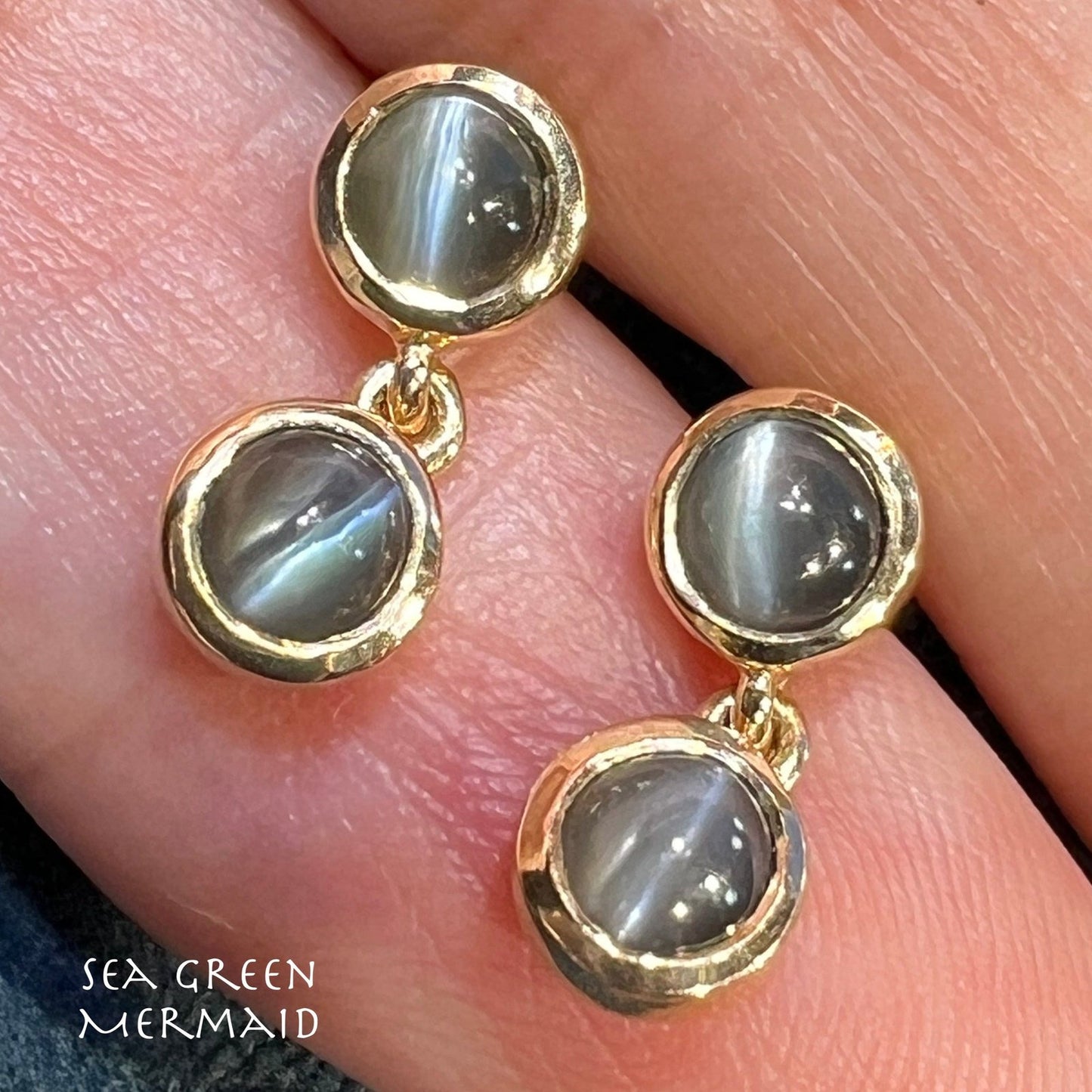 10k Gold Cats Eye Chrysoberyl Dangle Earrings. Tiny! *Video*