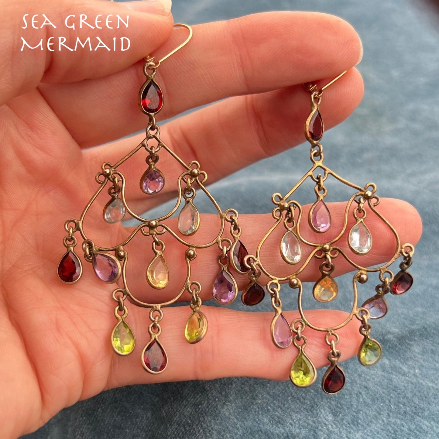 10k Gold Chandelier Leverback Earrings. 3" + 10g. Garnet Topaz Amethyst