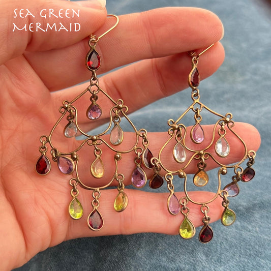 10k Gold Chandelier Leverback Earrings. 3" + 10g. Garnet Topaz Amethyst