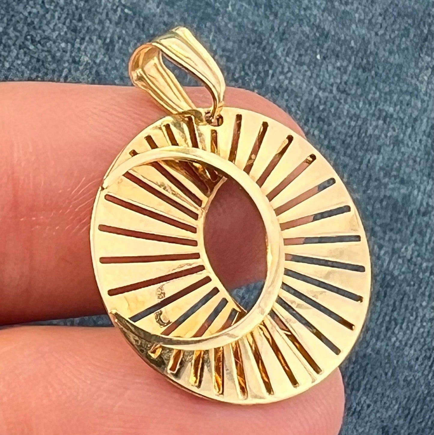 10k Gold Crescent Moon & Sunburst Celestial Disk Pendant. Geometric