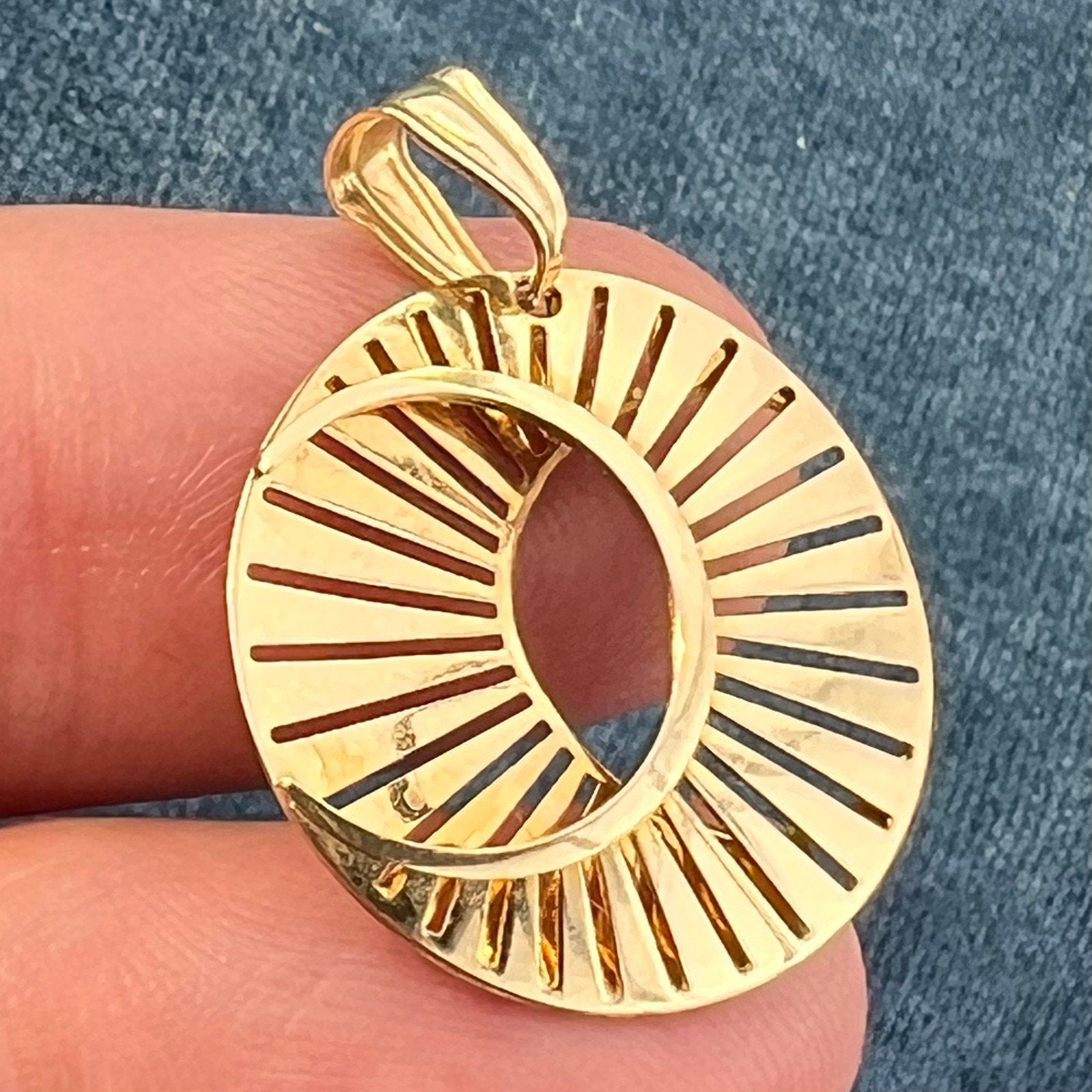 10k Gold Crescent Moon & Sunburst Celestial Disk Pendant. Geometric