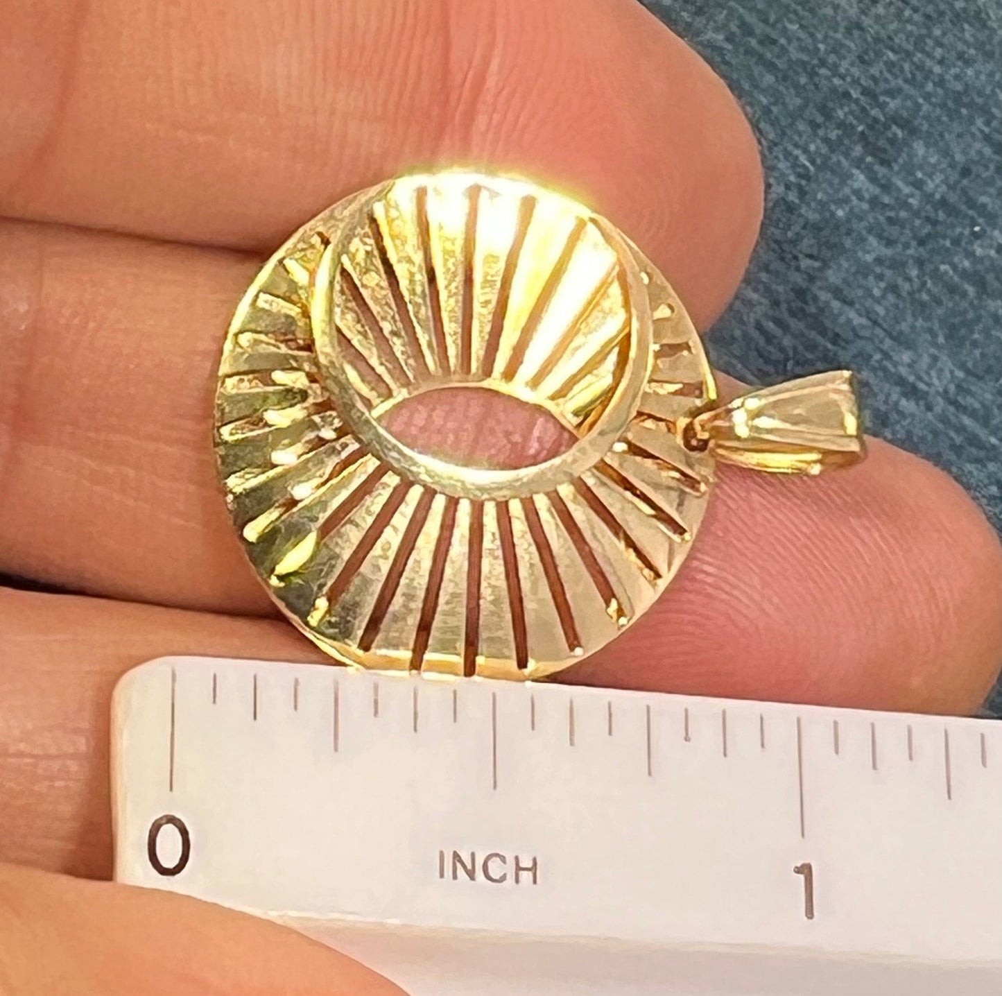 10k Gold Crescent Moon & Sunburst Celestial Disk Pendant. Geometric