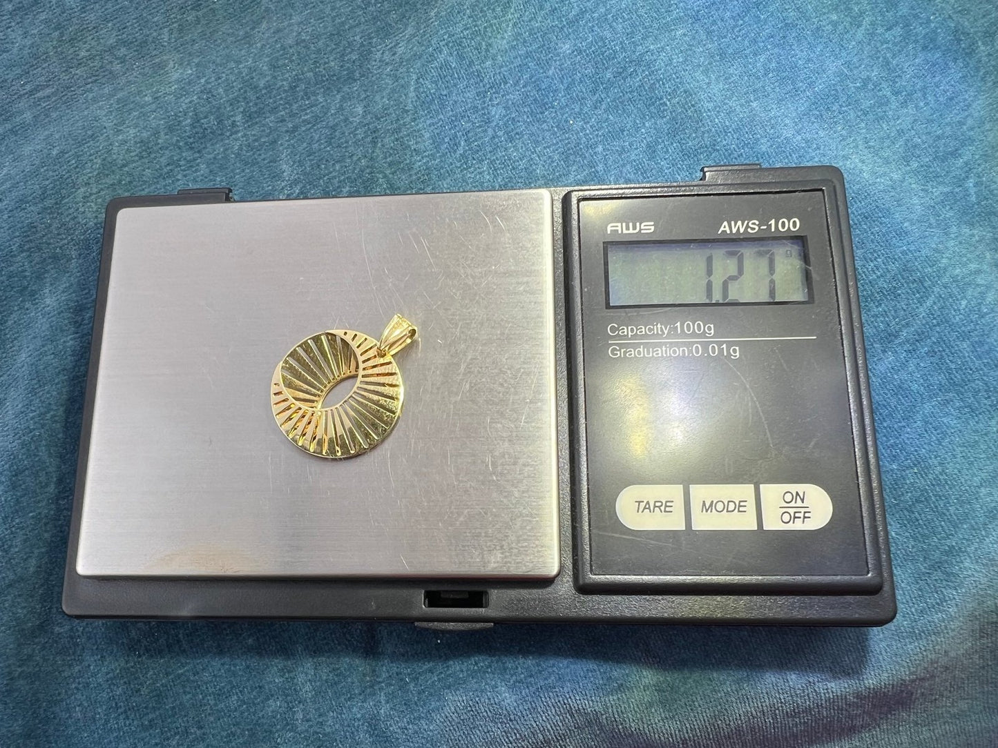 10k Gold Crescent Moon & Sunburst Celestial Disk Pendant. Geometric