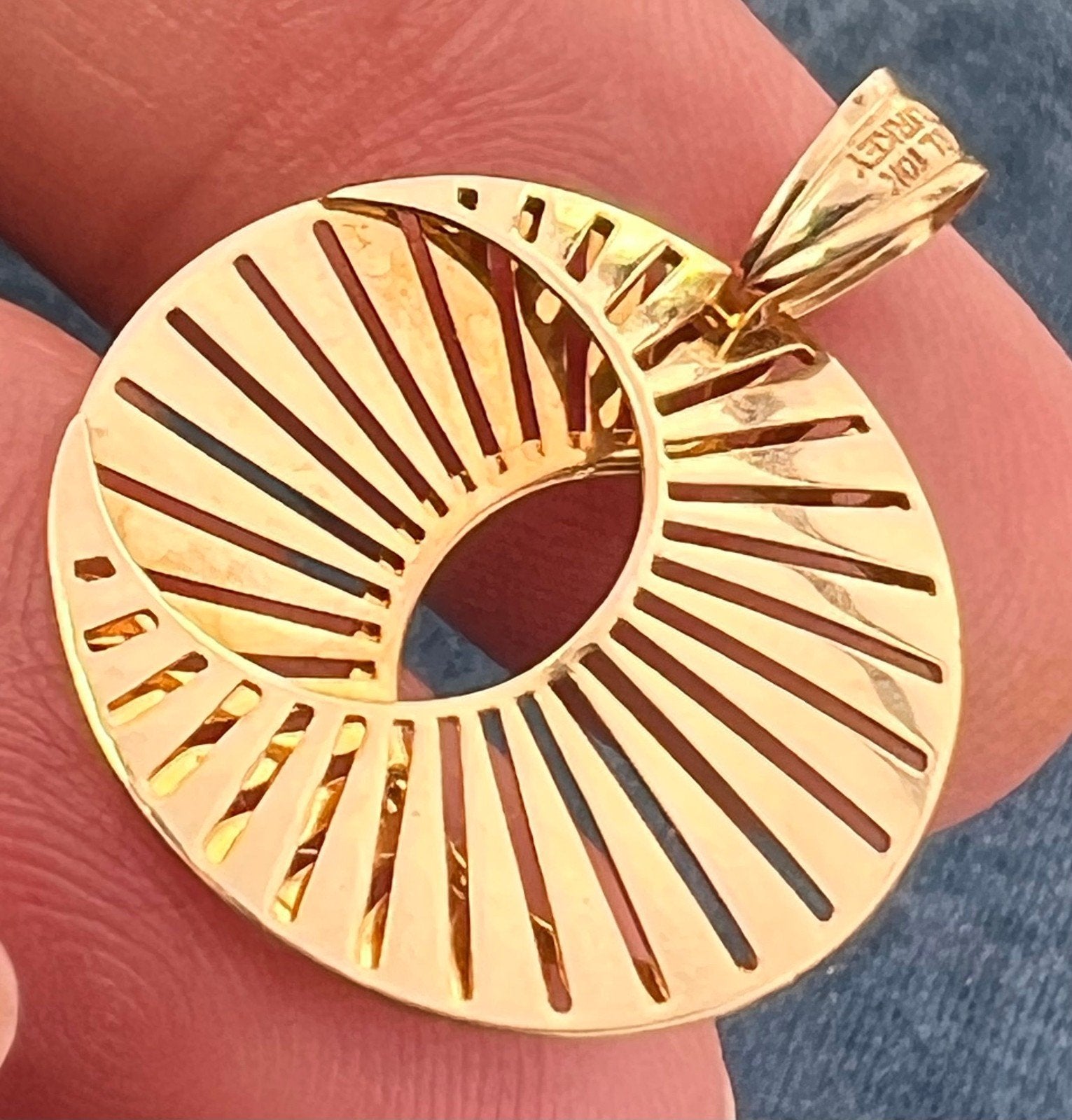 10k Gold Crescent Moon & Sunburst Celestial Disk Pendant. Geometric