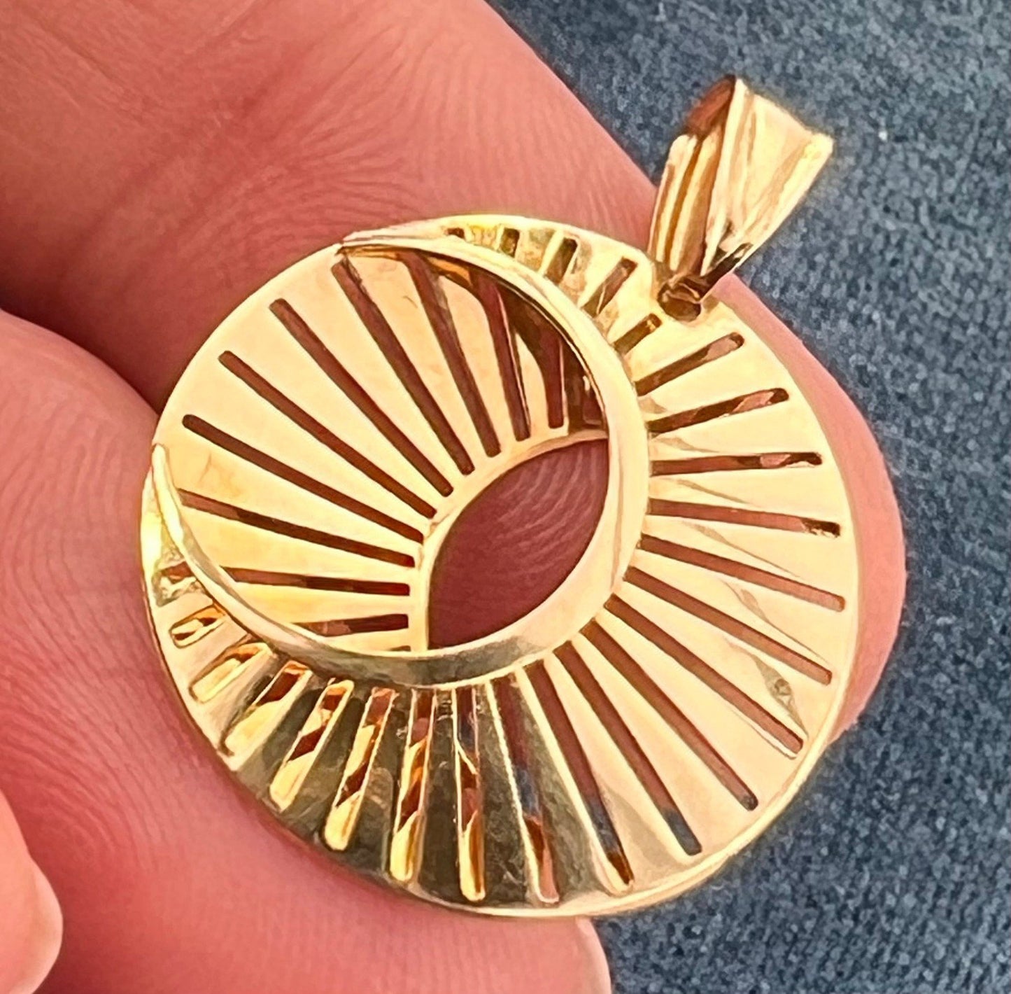 10k Gold Crescent Moon & Sunburst Celestial Disk Pendant. Geometric