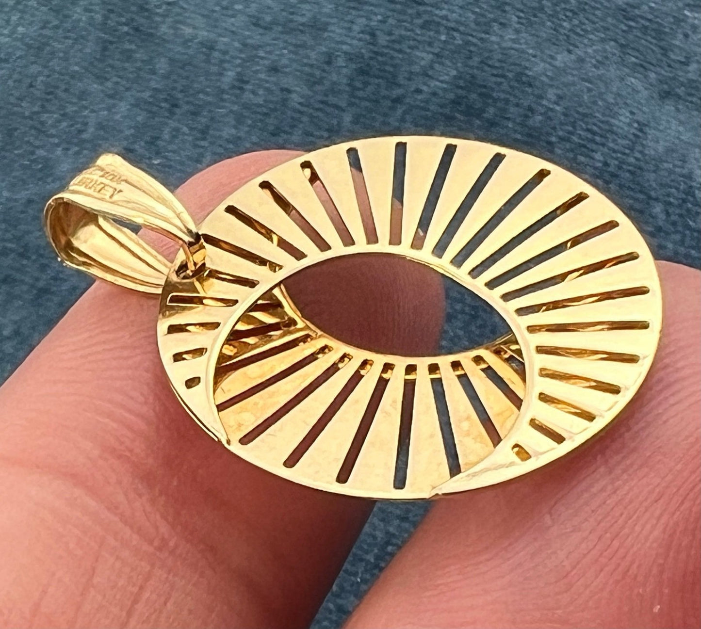 10k Gold Crescent Moon & Sunburst Celestial Disk Pendant. Geometric