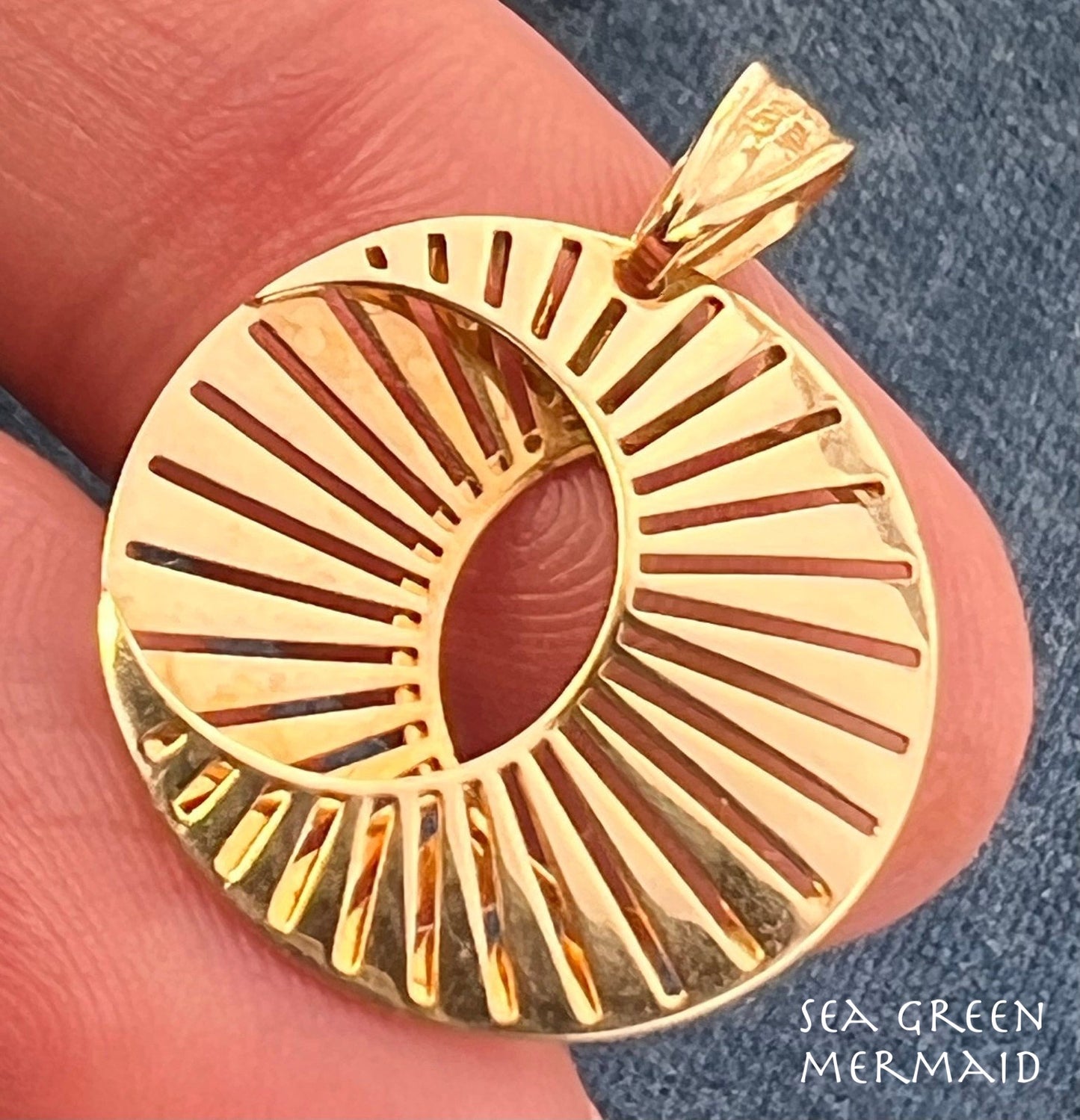 10k Gold Crescent Moon & Sunburst Celestial Disk Pendant. Geometric