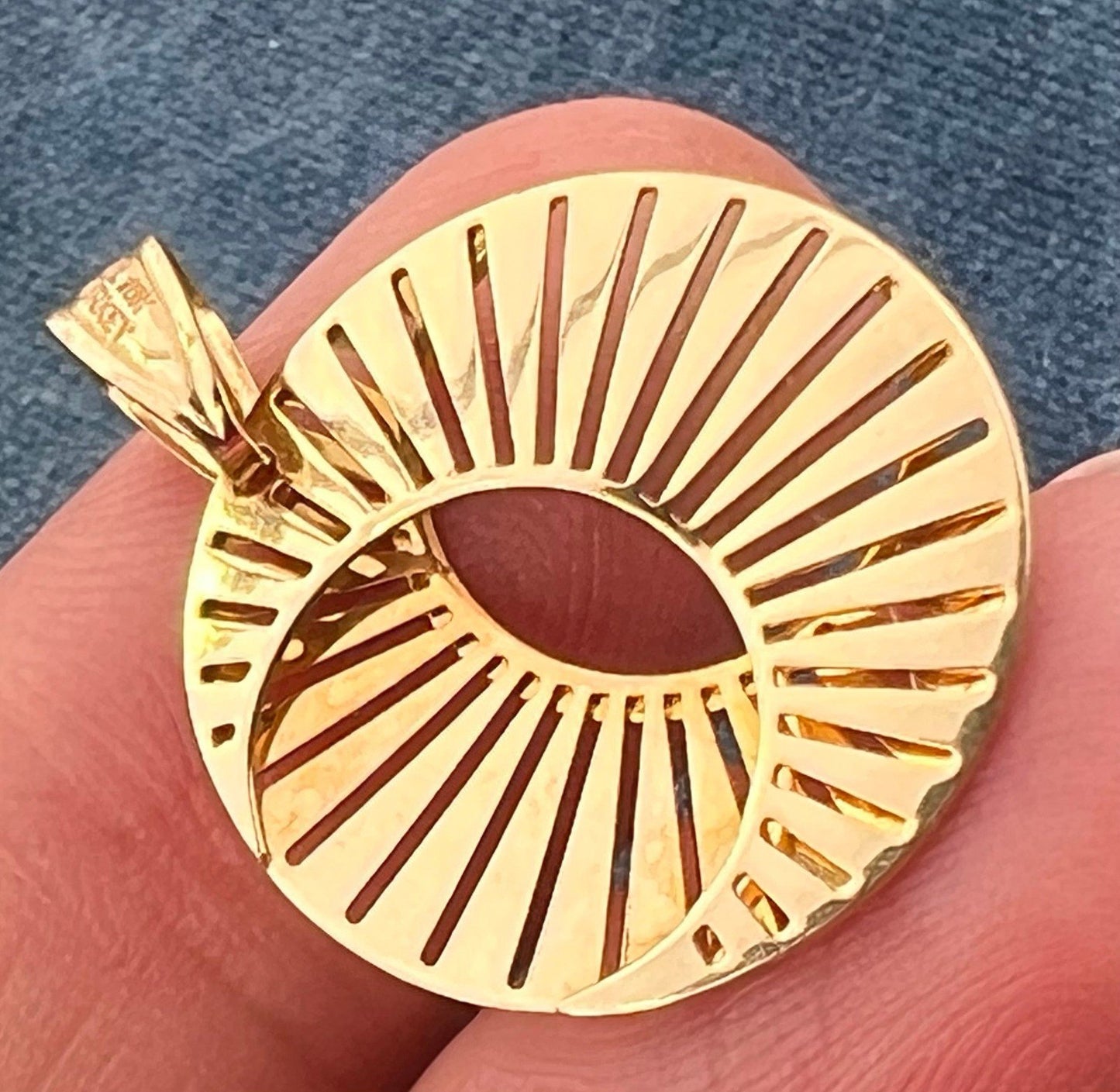 10k Gold Crescent Moon & Sunburst Celestial Disk Pendant. Geometric