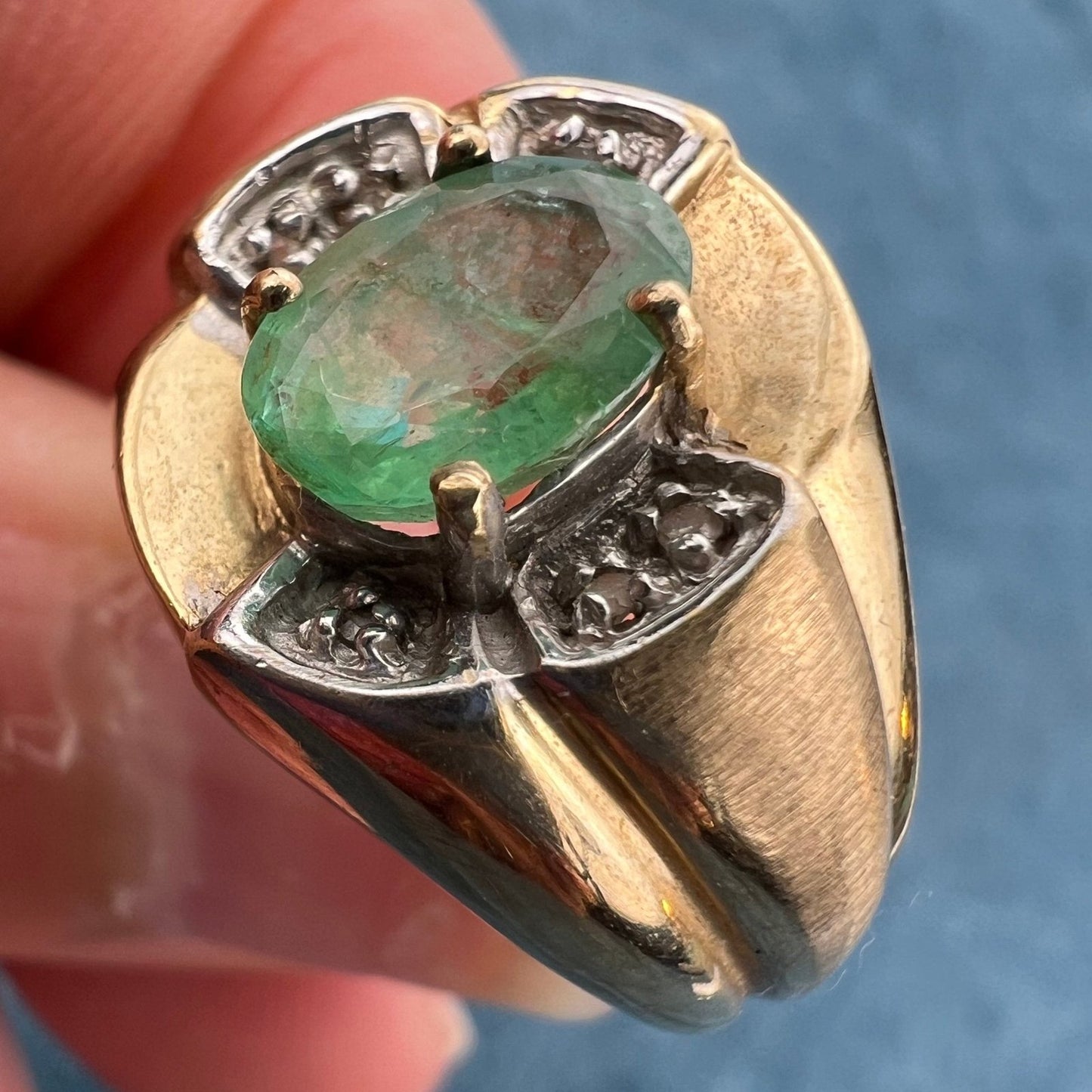 10k Gold Emerald Wide Signet Ring w Tiny Diamonds. Lotus Blossom