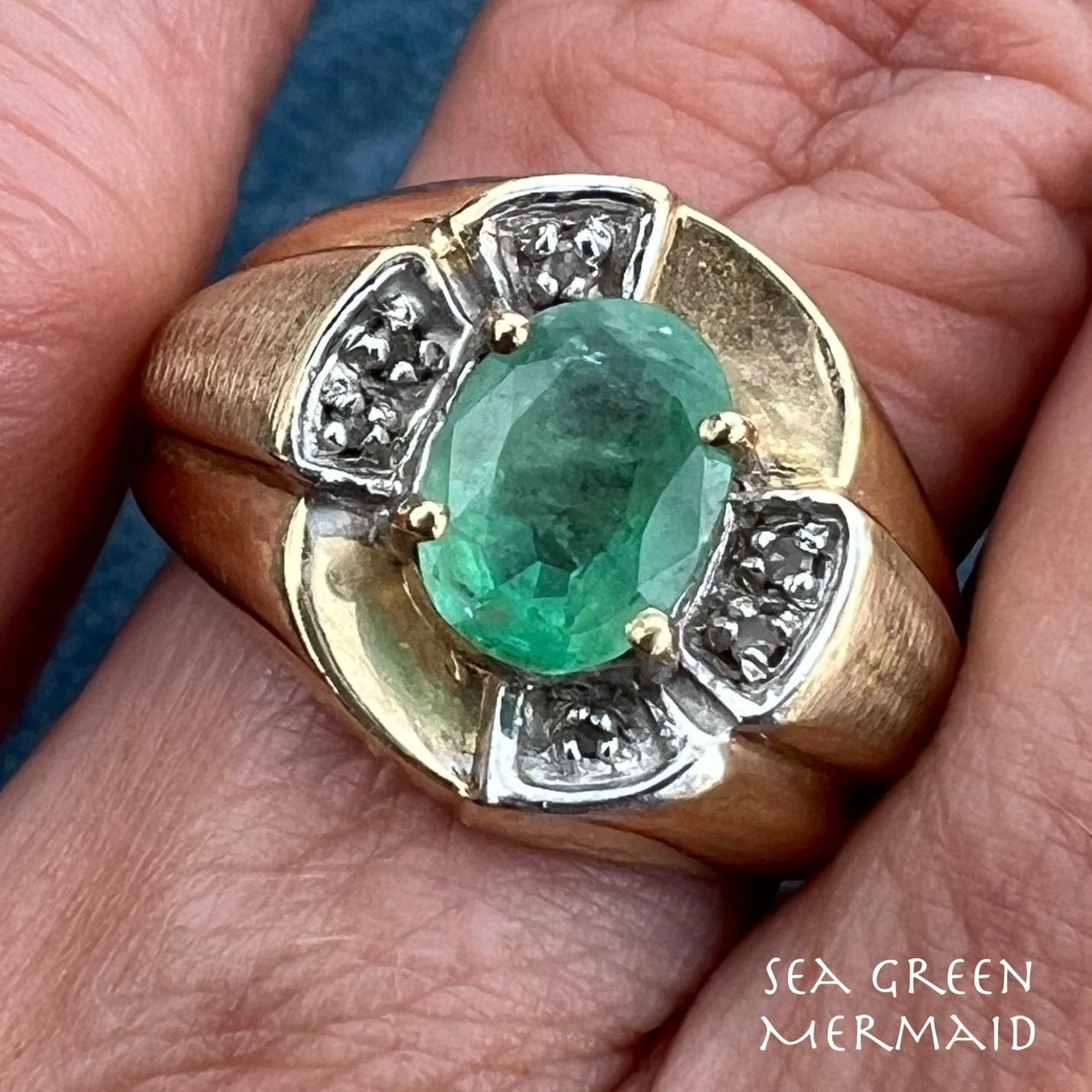 10k Gold Emerald Wide Signet Ring w Tiny Diamonds. Lotus Blossom