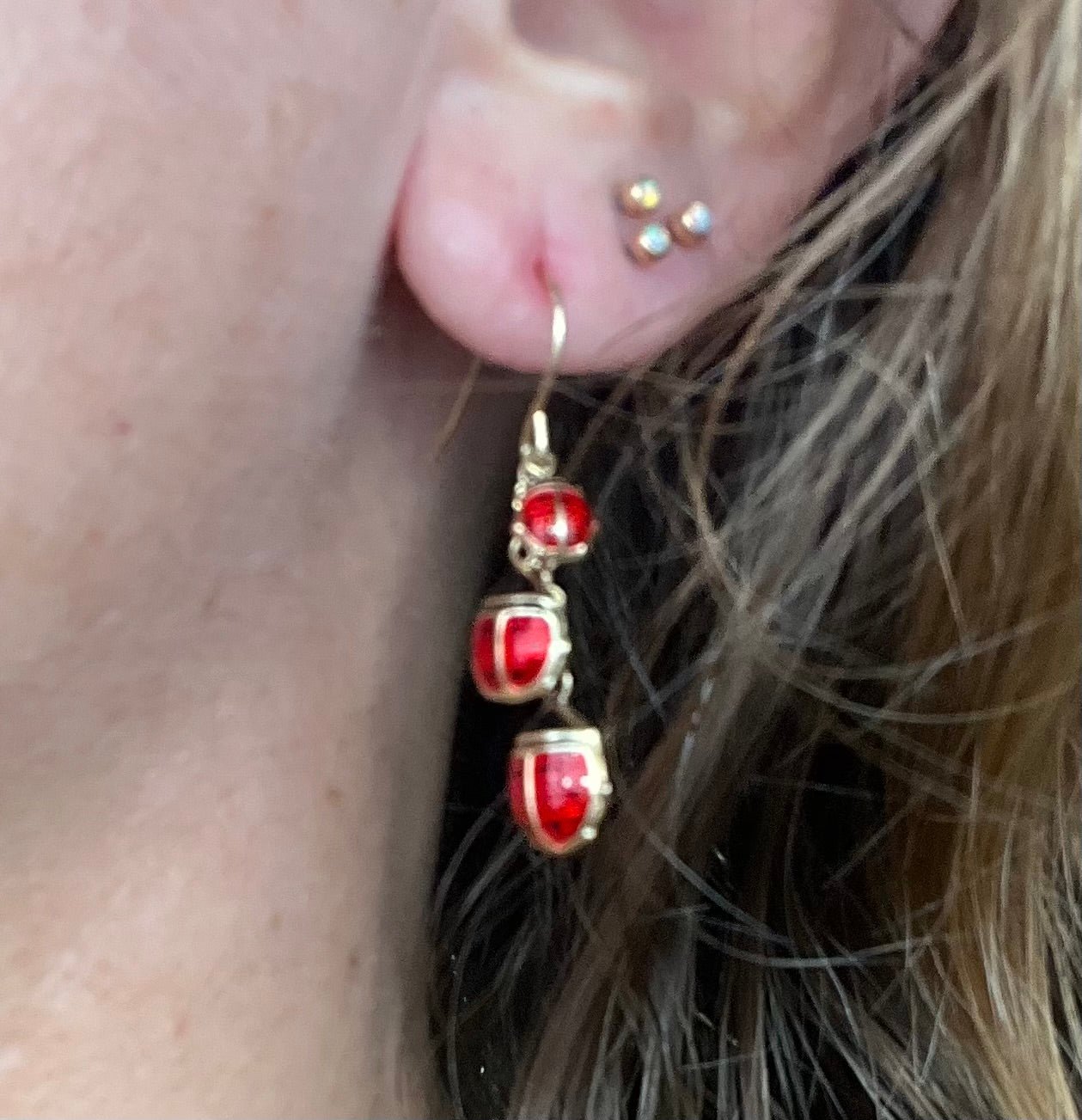 10k Gold Enamel 3 Ladybugs Dangle Leverback Earrings. 1.5"