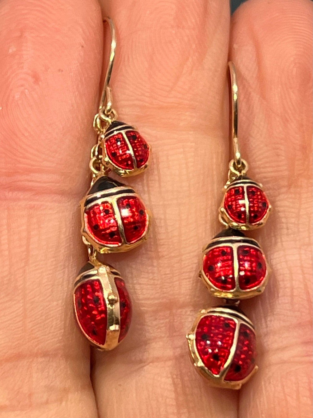 10k Gold Enamel 3 Ladybugs Dangle Leverback Earrings. 1.5"