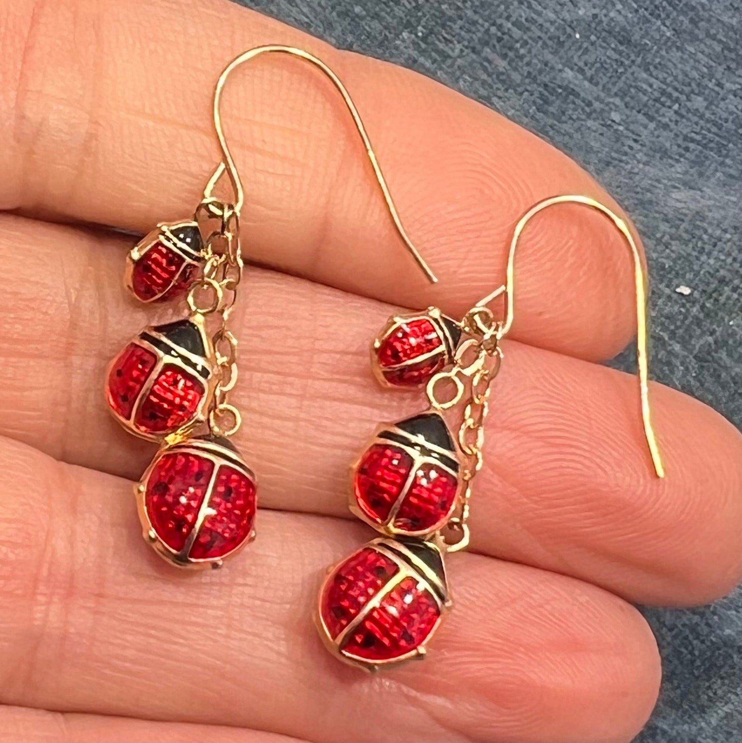 10k Gold Enamel 3 Ladybugs Dangle Leverback Earrings. 1.5"