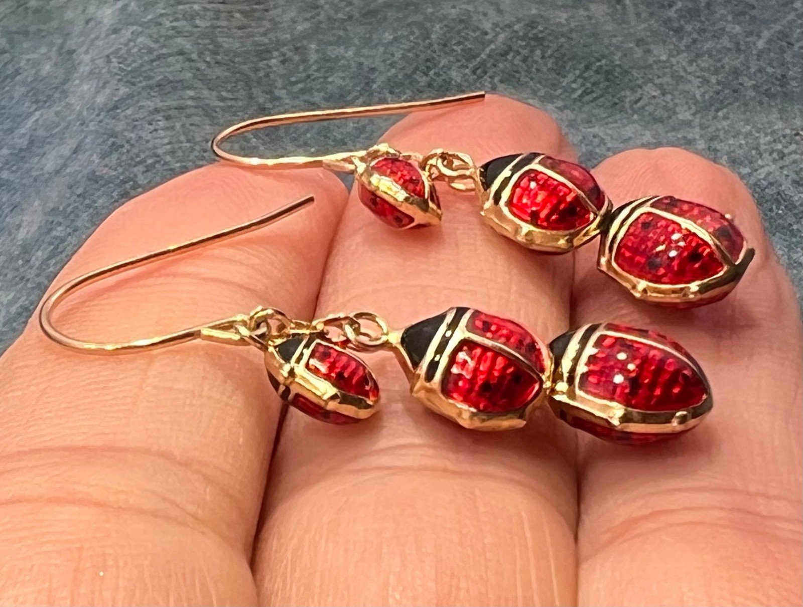 10k Gold Enamel 3 Ladybugs Dangle Leverback Earrings. 1.5"