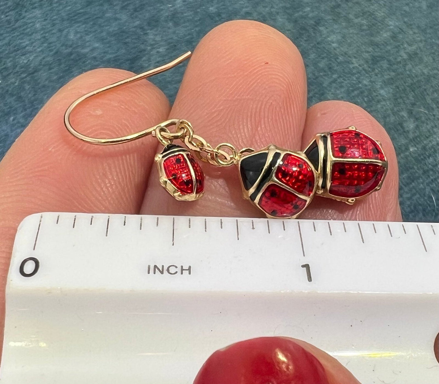 10k Gold Enamel 3 Ladybugs Dangle Leverback Earrings. 1.5"