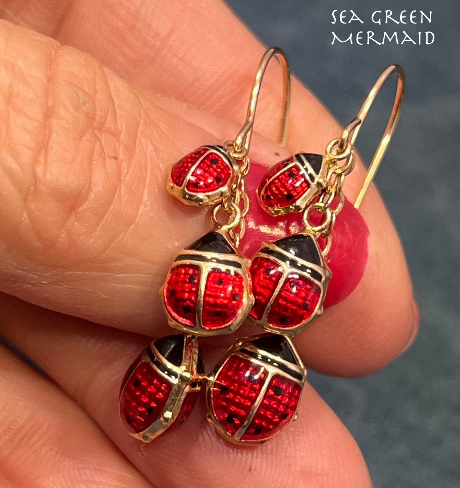10k Gold Enamel 3 Ladybugs Dangle Leverback Earrings. 1.5"