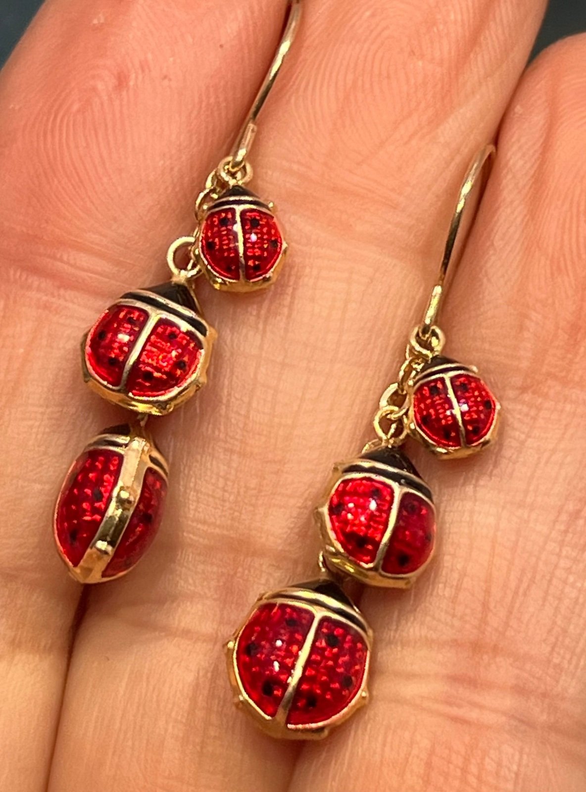 10k Gold Enamel 3 Ladybugs Dangle Leverback Earrings. 1.5"