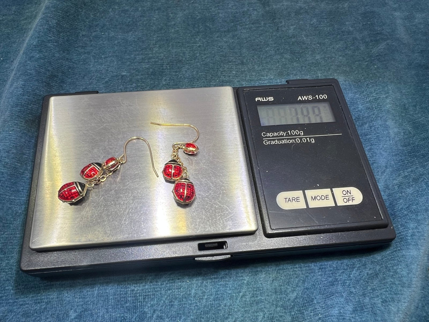 10k Gold Enamel 3 Ladybugs Dangle Leverback Earrings. 1.5"