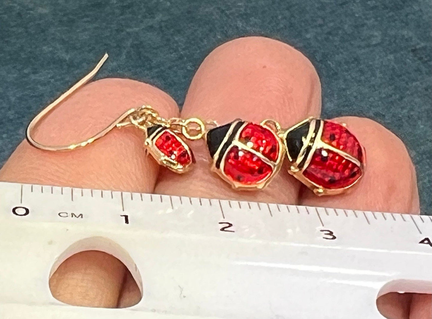 10k Gold Enamel 3 Ladybugs Dangle Leverback Earrings. 1.5"