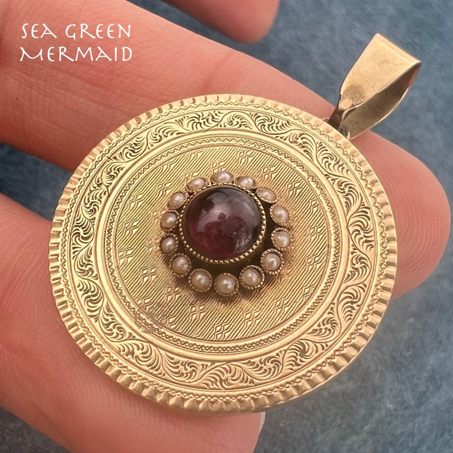 10k Gold Etched Medallion Disk Pendant w Cabochon Garnet. 1.25" *Video*