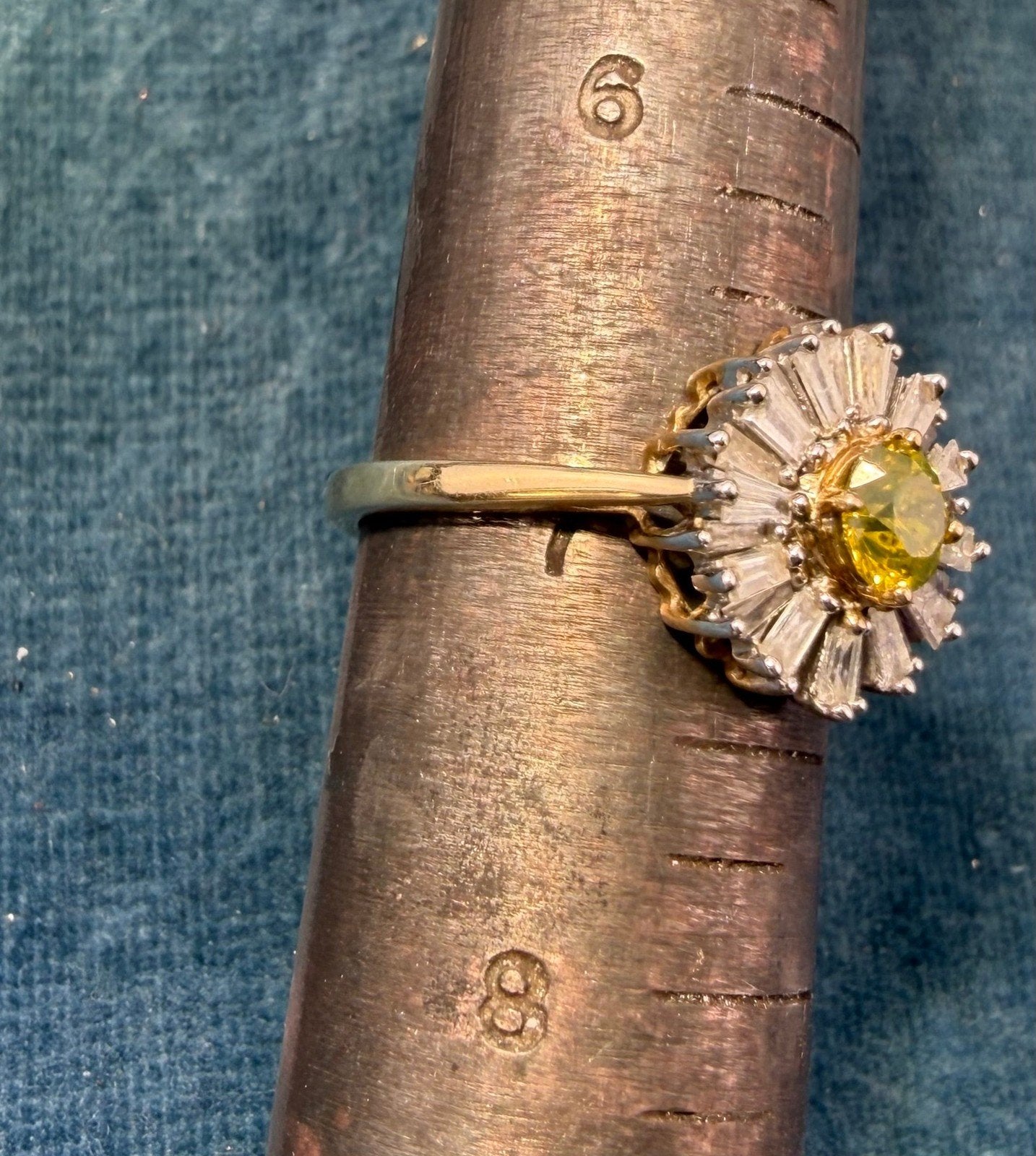 10k Gold Fancy Yellow + White Diamond Baguettes Daisy Ring *Video*