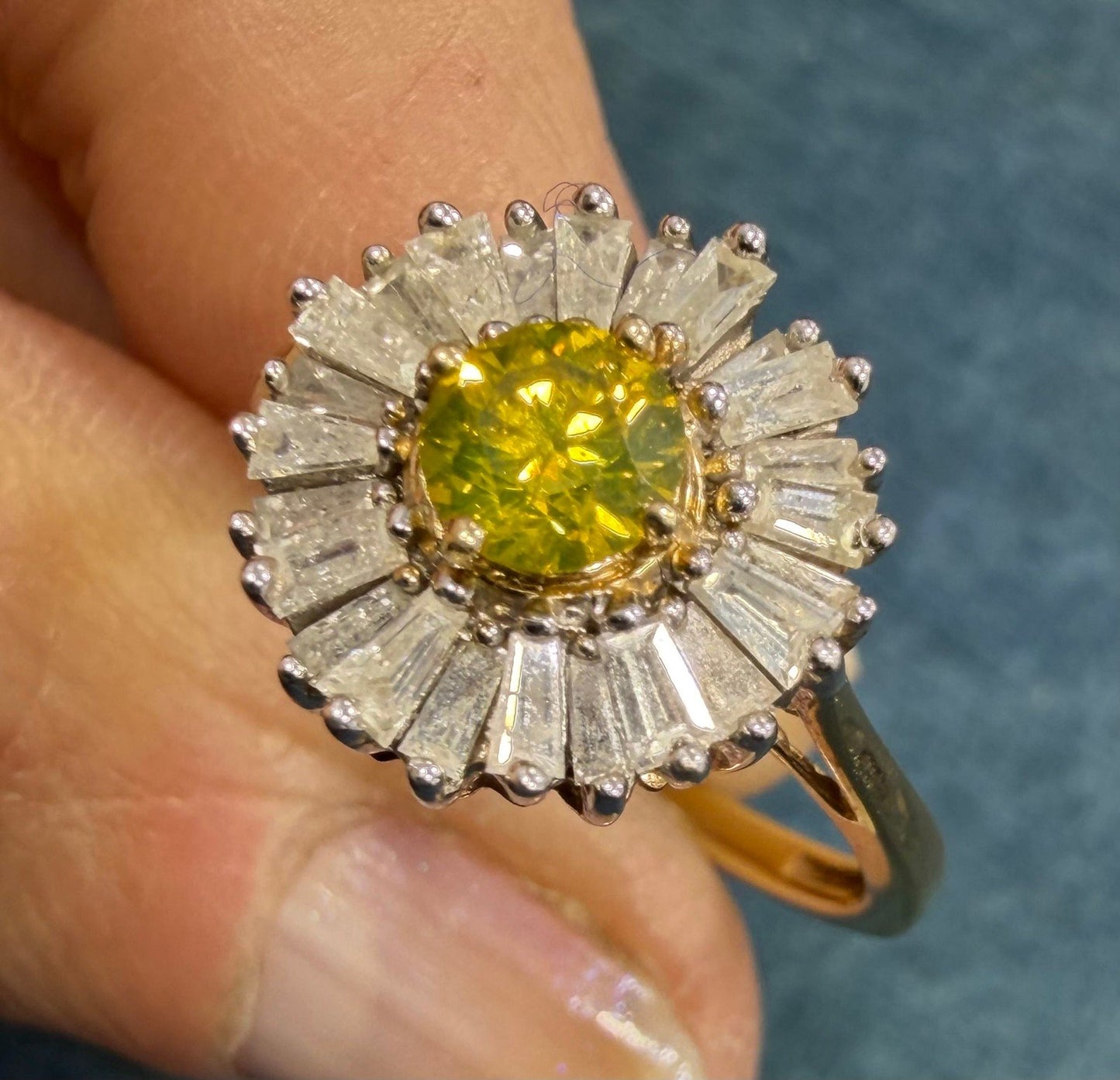 10k Gold Fancy Yellow + White Diamond Baguettes Daisy Ring *Video*