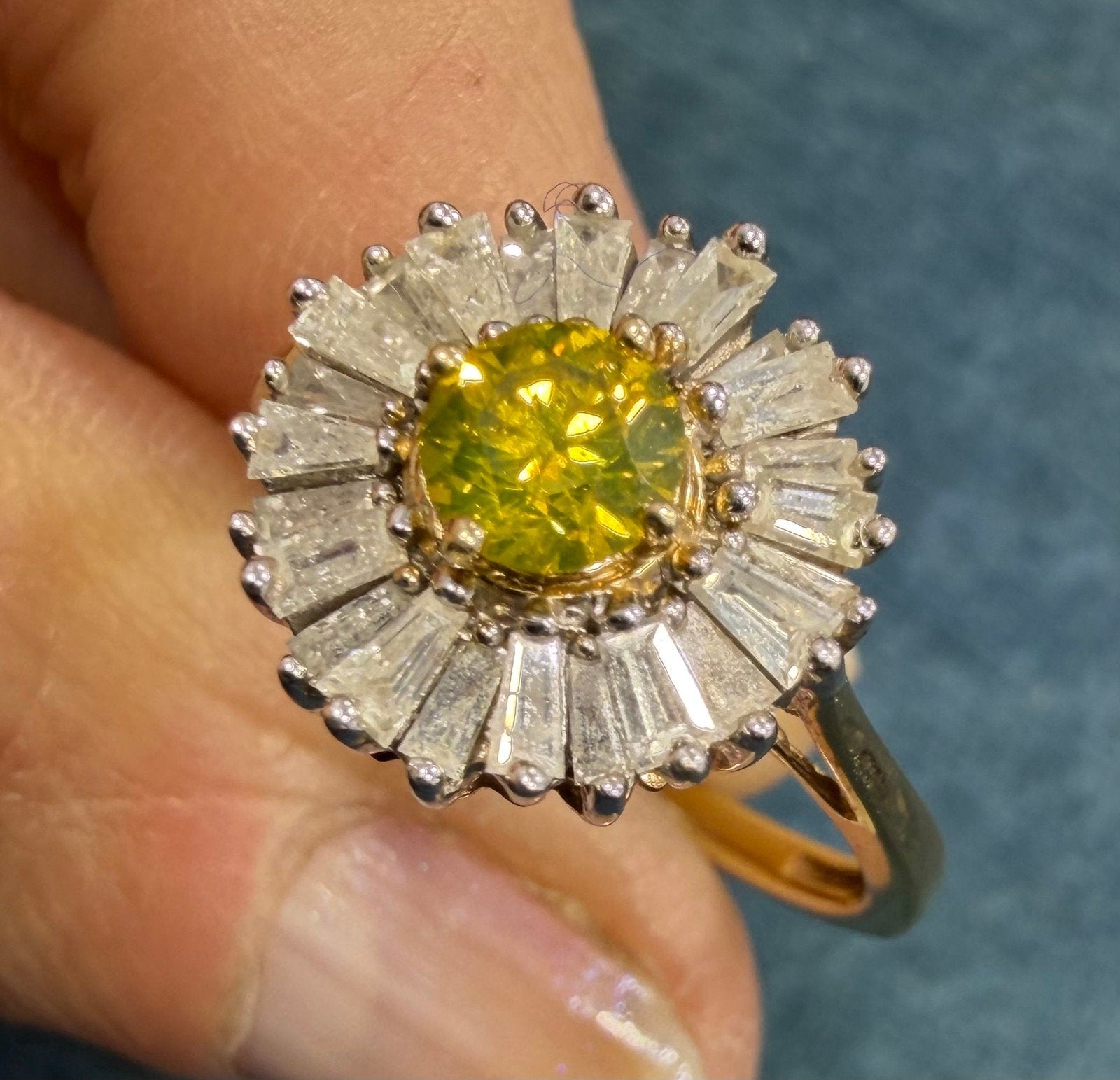 10k Gold Fancy Yellow + White Diamond Baguettes Daisy Ring *Video*