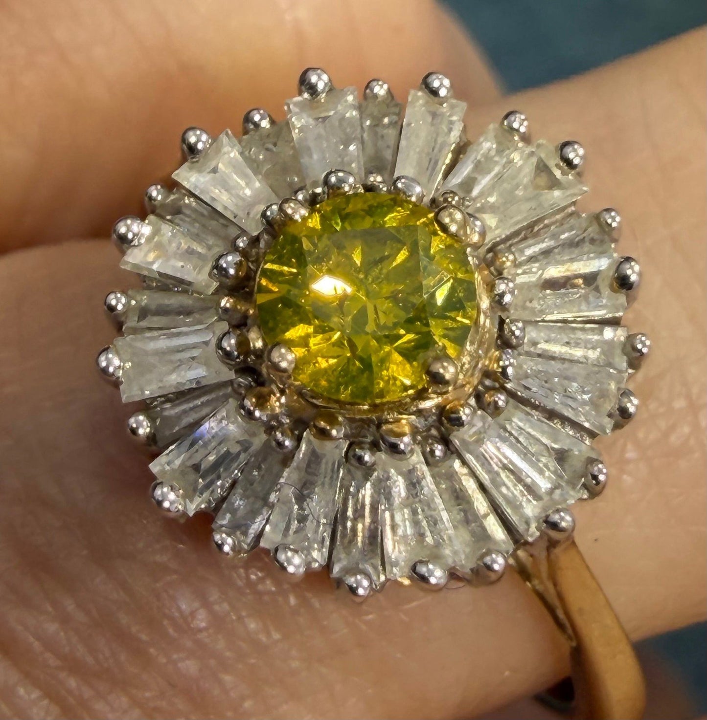 10k Gold Fancy Yellow + White Diamond Baguettes Daisy Ring *Video*