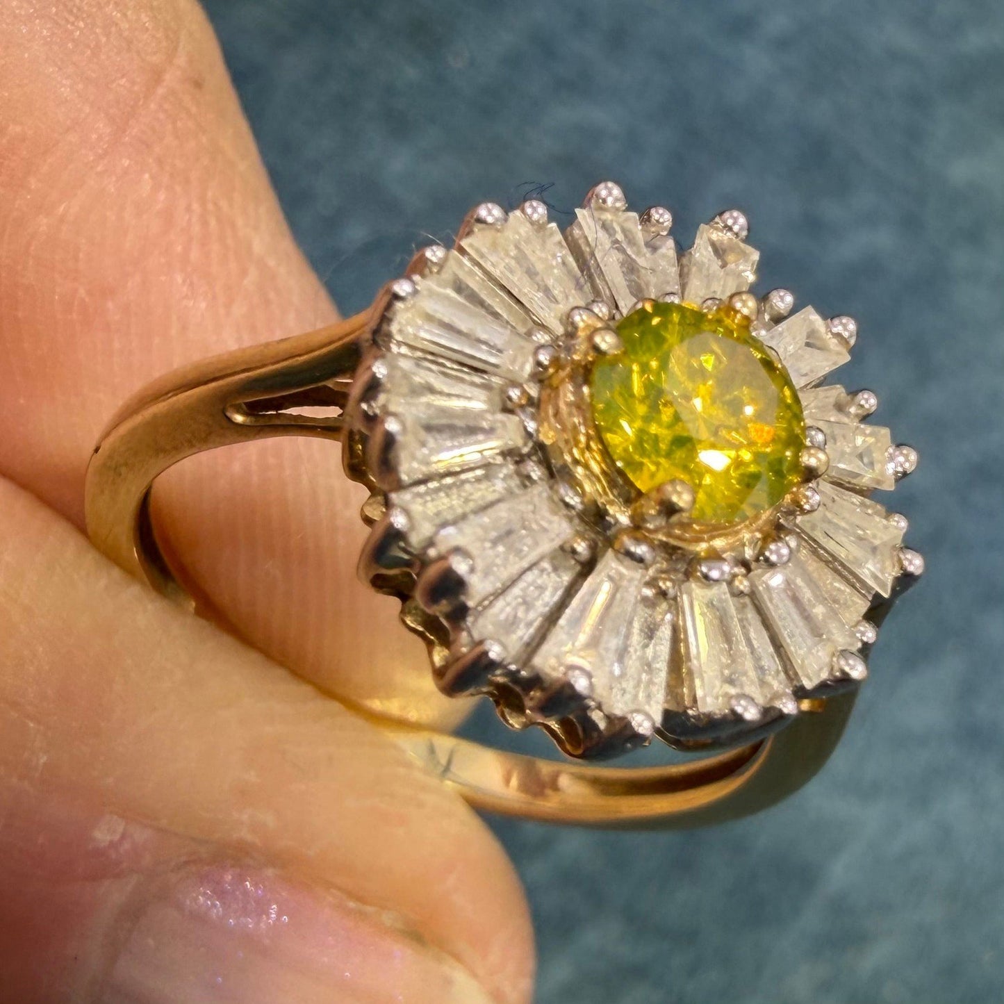 10k Gold Fancy Yellow + White Diamond Baguettes Daisy Ring *Video*