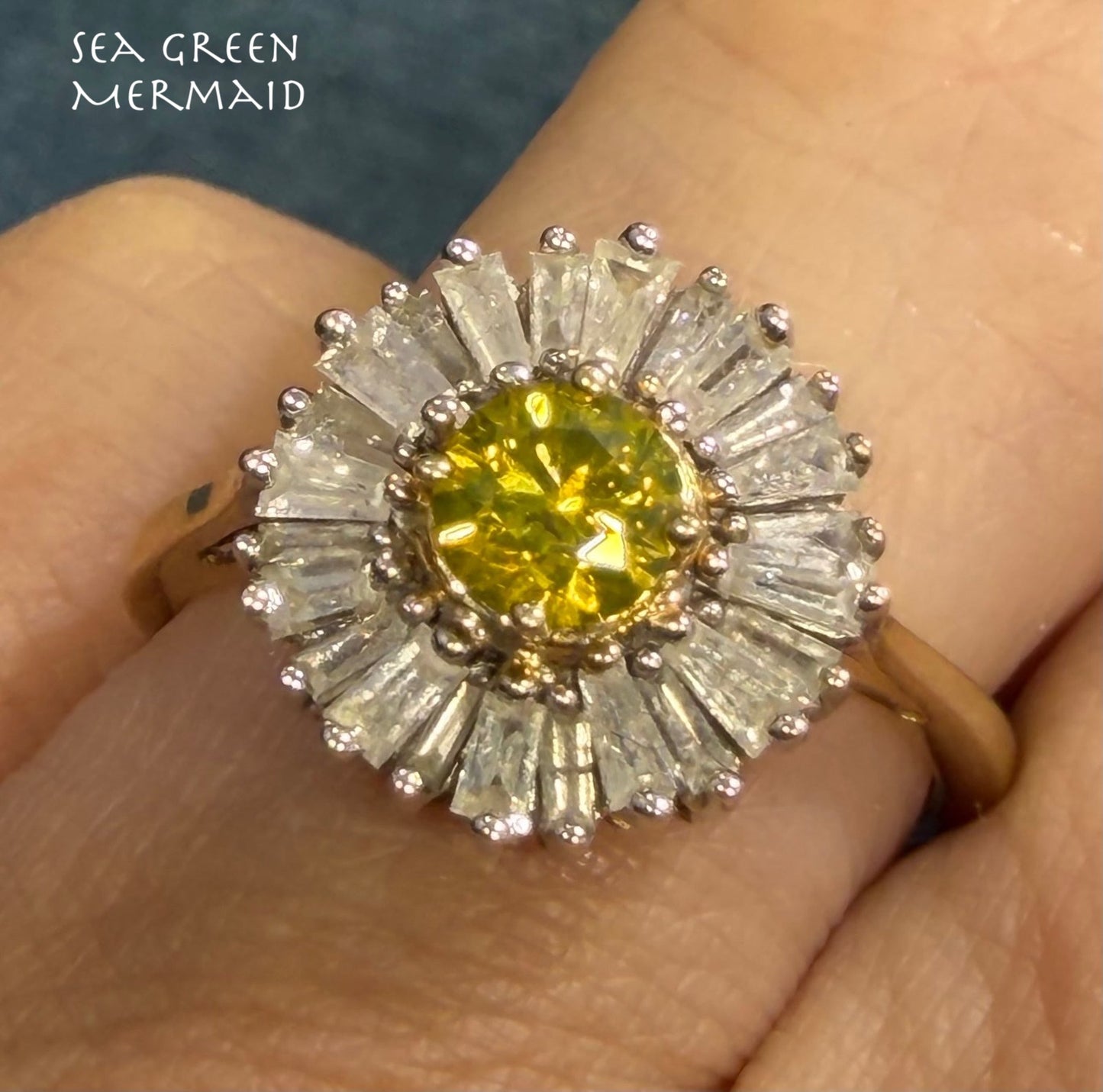 10k Gold Fancy Yellow + White Diamond Baguettes Daisy Ring *Video*