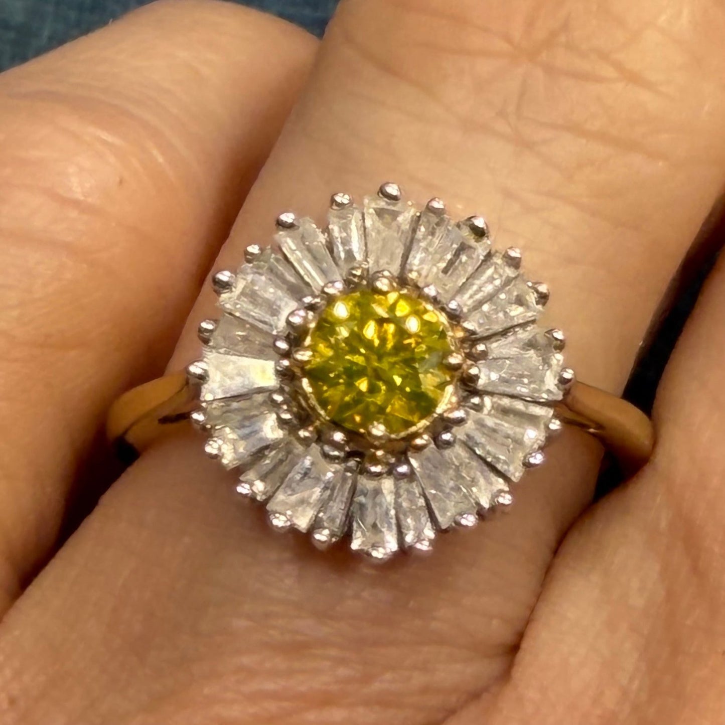 10k Gold Fancy Yellow + White Diamond Baguettes Daisy Ring *Video*