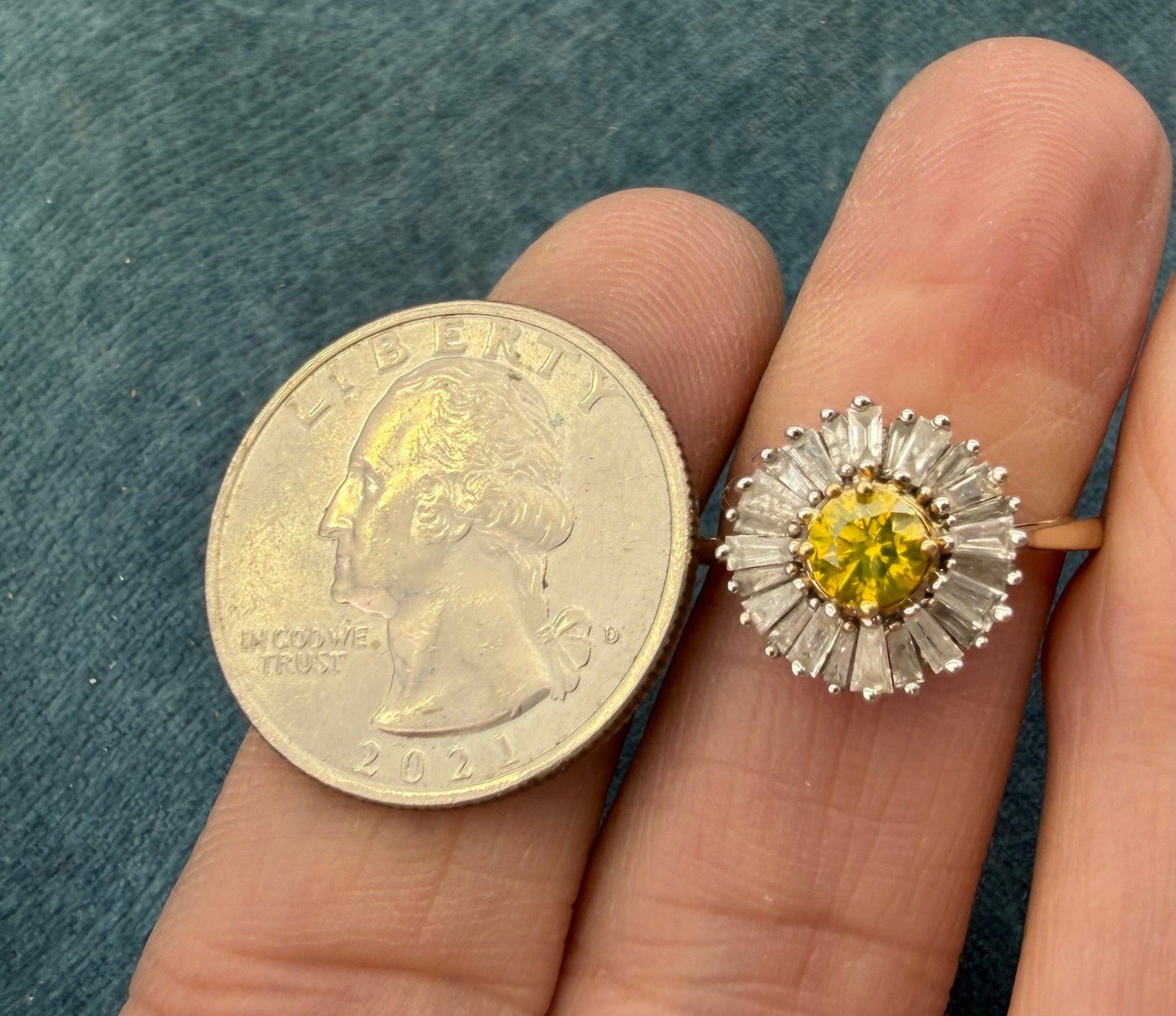 10k Gold Fancy Yellow + White Diamond Baguettes Daisy Ring *Video*