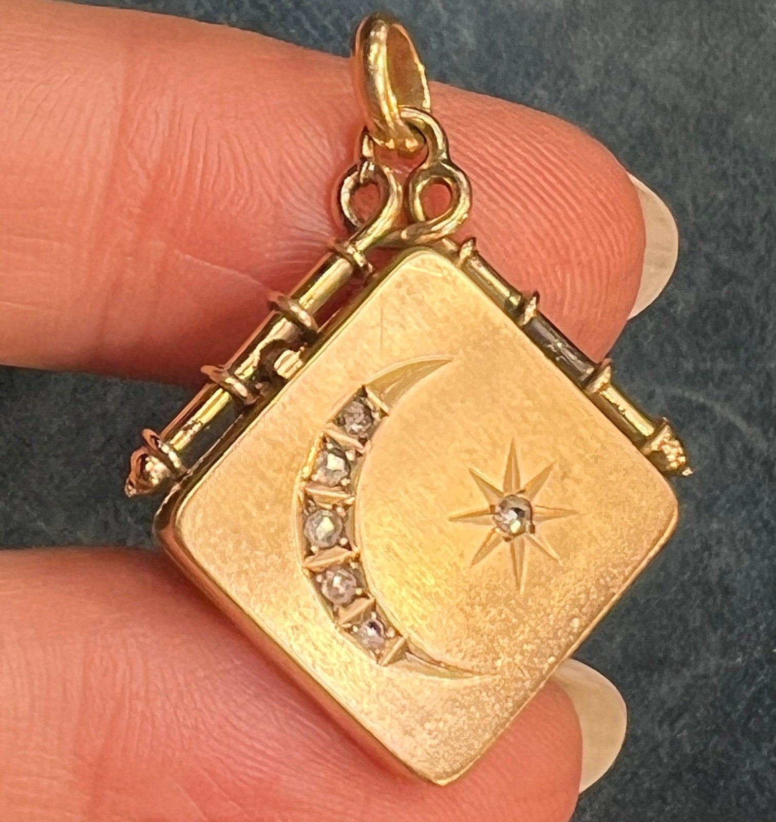 10k Gold Fob Locket Pendant w Rose-Cut Diamonds Crescent Moon *Video*