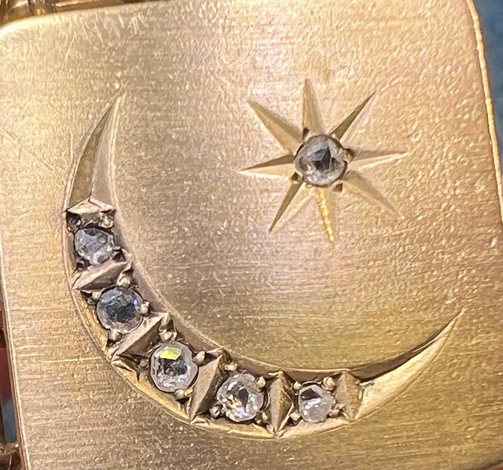 10k Gold Fob Locket Pendant w Rose-Cut Diamonds Crescent Moon *Video*