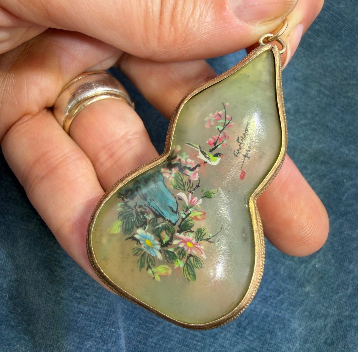 10k Gold Japan Gourd Pendant. 2-Sided Painted Birds + Cherry Blossoms. 2" 12g
