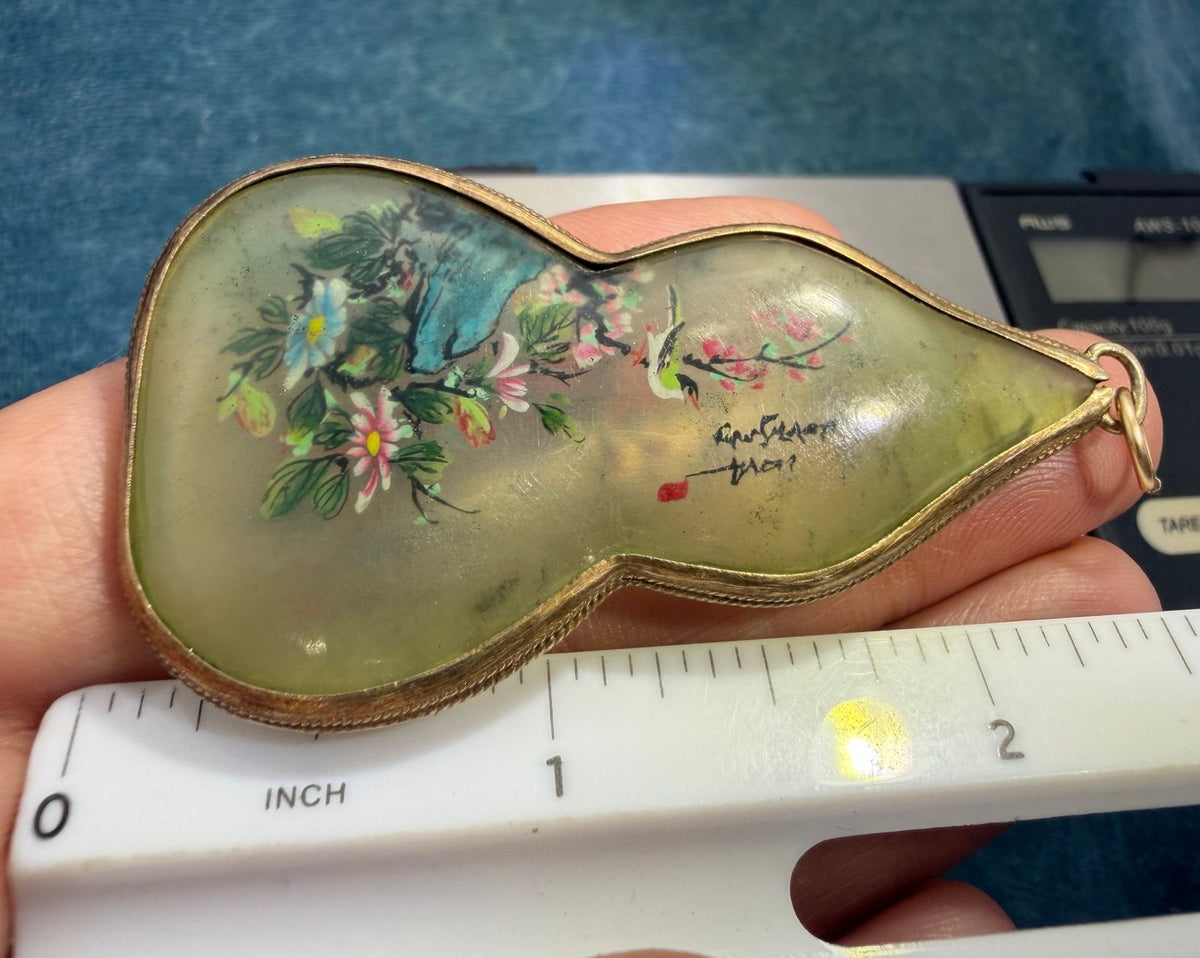 10k Gold Japan Gourd Pendant. 2-Sided Painted Birds + Cherry Blossoms. 2" 12g