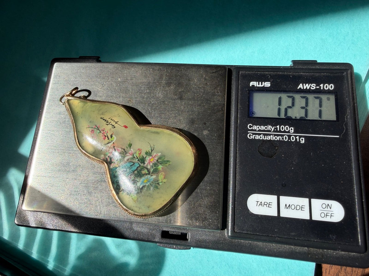10k Gold Japan Gourd Pendant. 2-Sided Painted Birds + Cherry Blossoms. 2" 12g